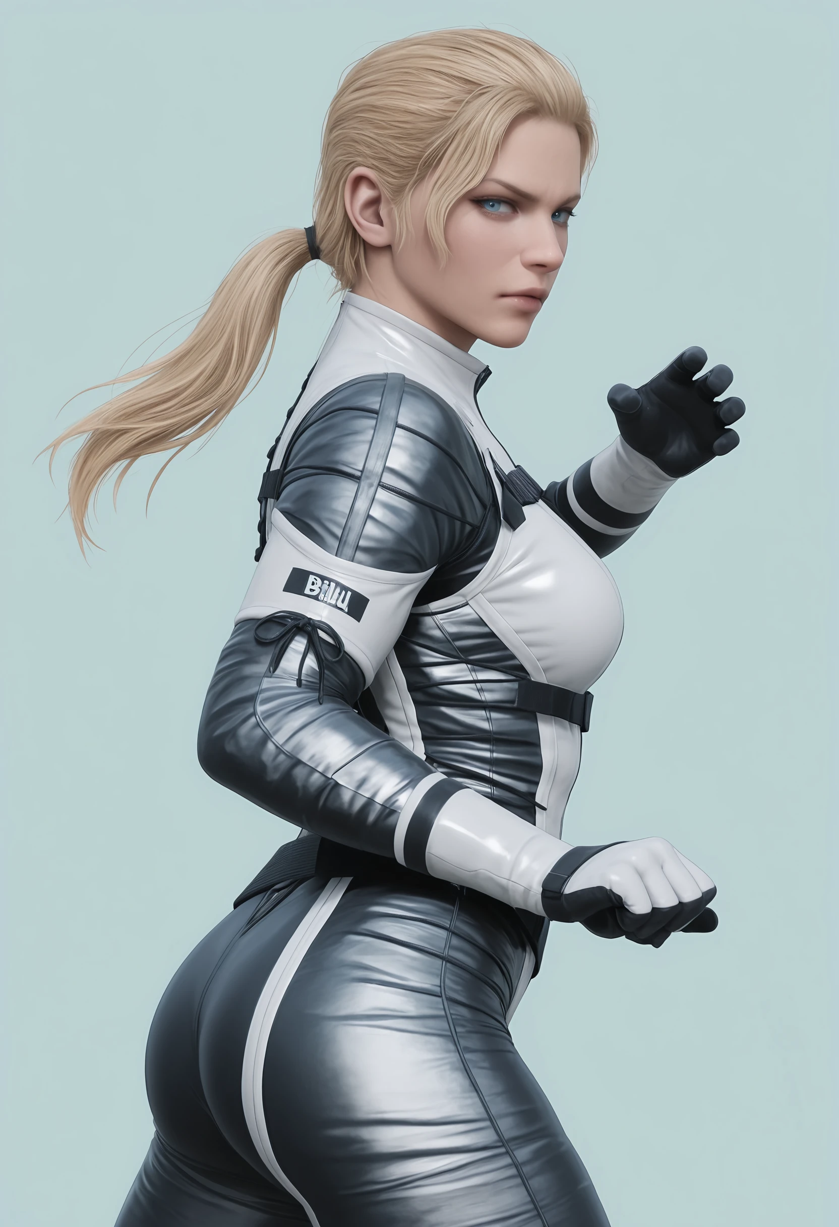 masterpiece, best quality, amazing quality, very aesthetic, absurdres, newest,  <lora:TheBossILf:0.8> thbilf, blonde hair, ponytail, blue eyes, bodysuit, looking at viewer, fighting stance, from side, 
 light blue background, simple background,