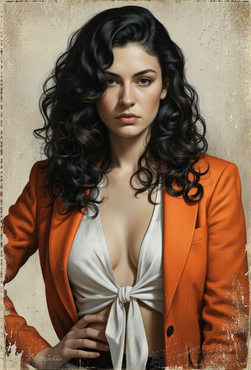 SerBira Style.
A highly detailed, realistic digital painting of a woman with curly black hair, wearing an orange blazer over a white blouse that is tied at the front, exposing her cleavage. She has a serious expression and is standing confidently with one hand on her hip. The background is a simple, textured beige color with a subtle, grungy texture. The style is highly polished and realistic, with a focus on texture and depth. The woman's skin is fair and her hair is styled in loose curls. The overall mood is serious and sophisticated.
