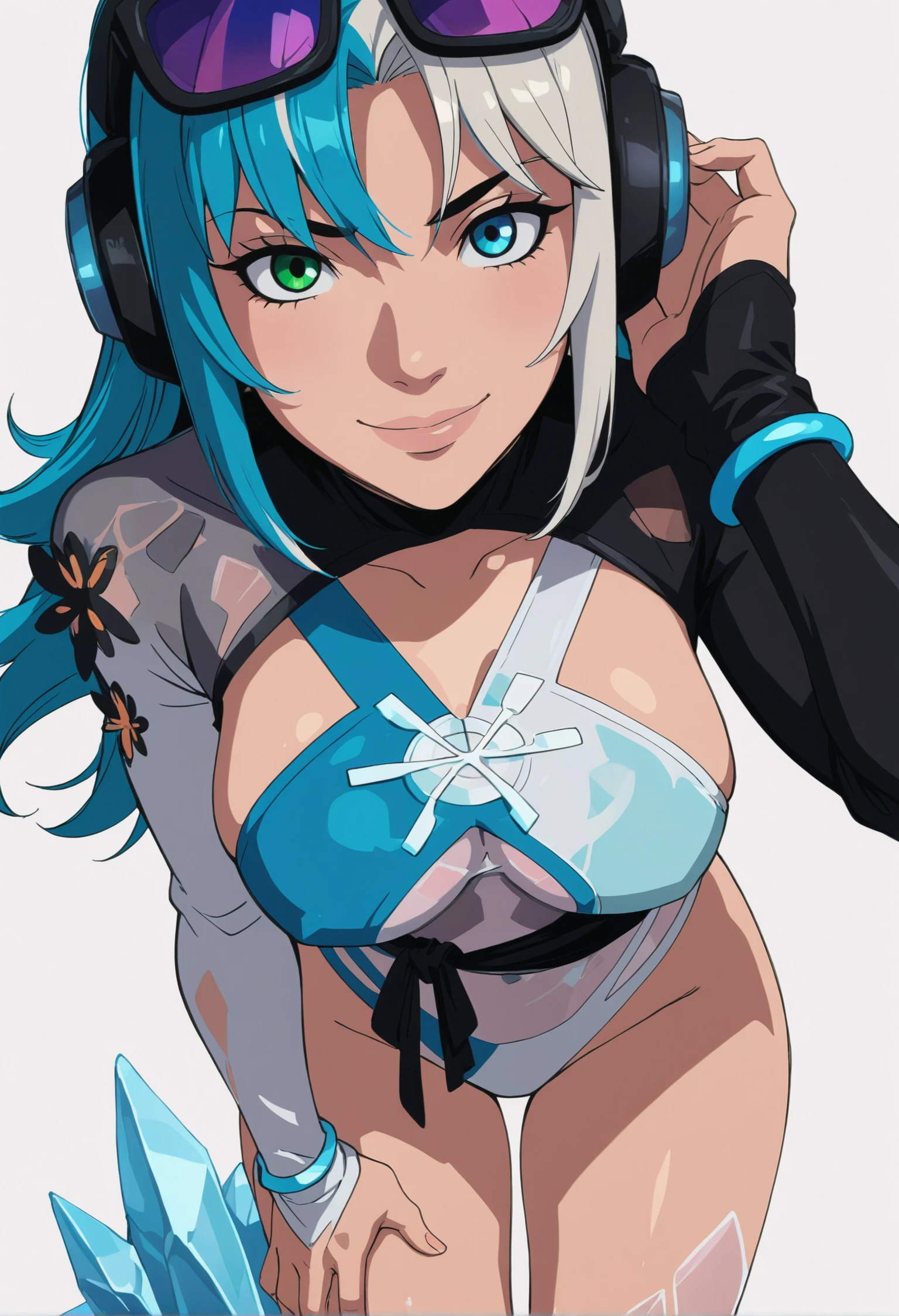 score_9, score_8_up, score_7_up, score_6_up,perfect quality, best quality, detailed,,luna_gotonai_swimsuit,, colored hair, headphones, sunglasses, tie top, top, long sleeves, breasts, (underboob, sideboob:1.2), swimsuit, highleg, highcut, (crystal, crystal texture:1.2), legwear, thighhighs, cowboy shot, looking at viewer, (large breasts:1.4), standing, white background, simple background,heterochromia, looking at viewer, smile, <lora:PhilBourrassaWesternArtstyleNoobLocon_byKonan:0.8> <lora:luna_swimsuit_il-000038:1>, hands on thighs, from front, ice,ice texture