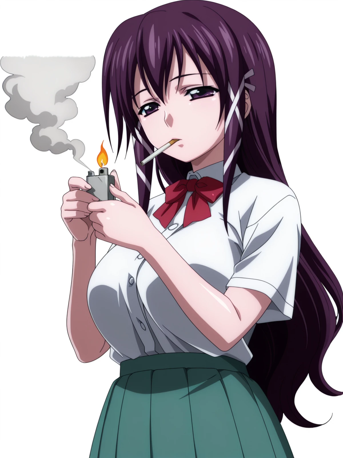 masterpiece, best quality, amazing quality,, <lora:mikako-satsukitane-s2-illustriousxl-lora-nochekaiser:1>, mikako satsukitane, long hair, purple eyes, hair ribbon, purple hair, hair tubes, sidelocks, mature female, large breasts, anime screencap, skirt, bow, ribbon, green skirt, pleated skirt, short sleeves, white shirt, collared shirt, buttons, bowtie, red bowtie, <lora:lighting-cigarette-illustriousxl-lora-nochekaiser:1>, lighting cigarette, lighter, holding lighter, cigarette, smoking, fire, smoke, holding, upper body, roller coaster, tracks, speed, fun, thrill, cowboy shot, solo, looking at viewer, <lora:transparent-background-illustriousxl-lora-nochekaiser:1>, transparent background, simple background, white background