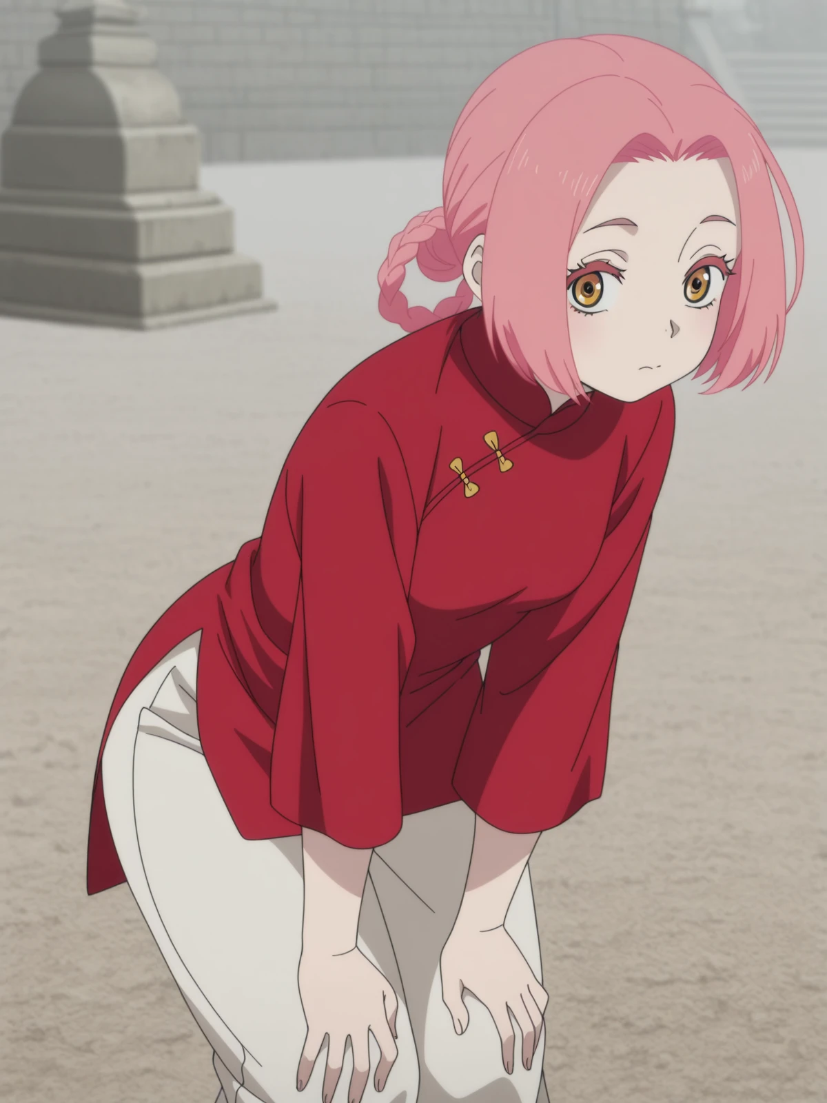 masterpiece, best quality, amazing quality,, <lora:jigoku-mei-s1-illustriousxl-lora-nochekaiser:1>, mei, short hair, pink hair, hair rings, parted bangs, braid, yellow eyes, mature female, small , anime screencap, pants, red shirt, chinese clothes, long sleeves, hands on own knees, minaret, tall, mosque, call_to_prayer, holy, cowboy shot, solo, looking at viewer,