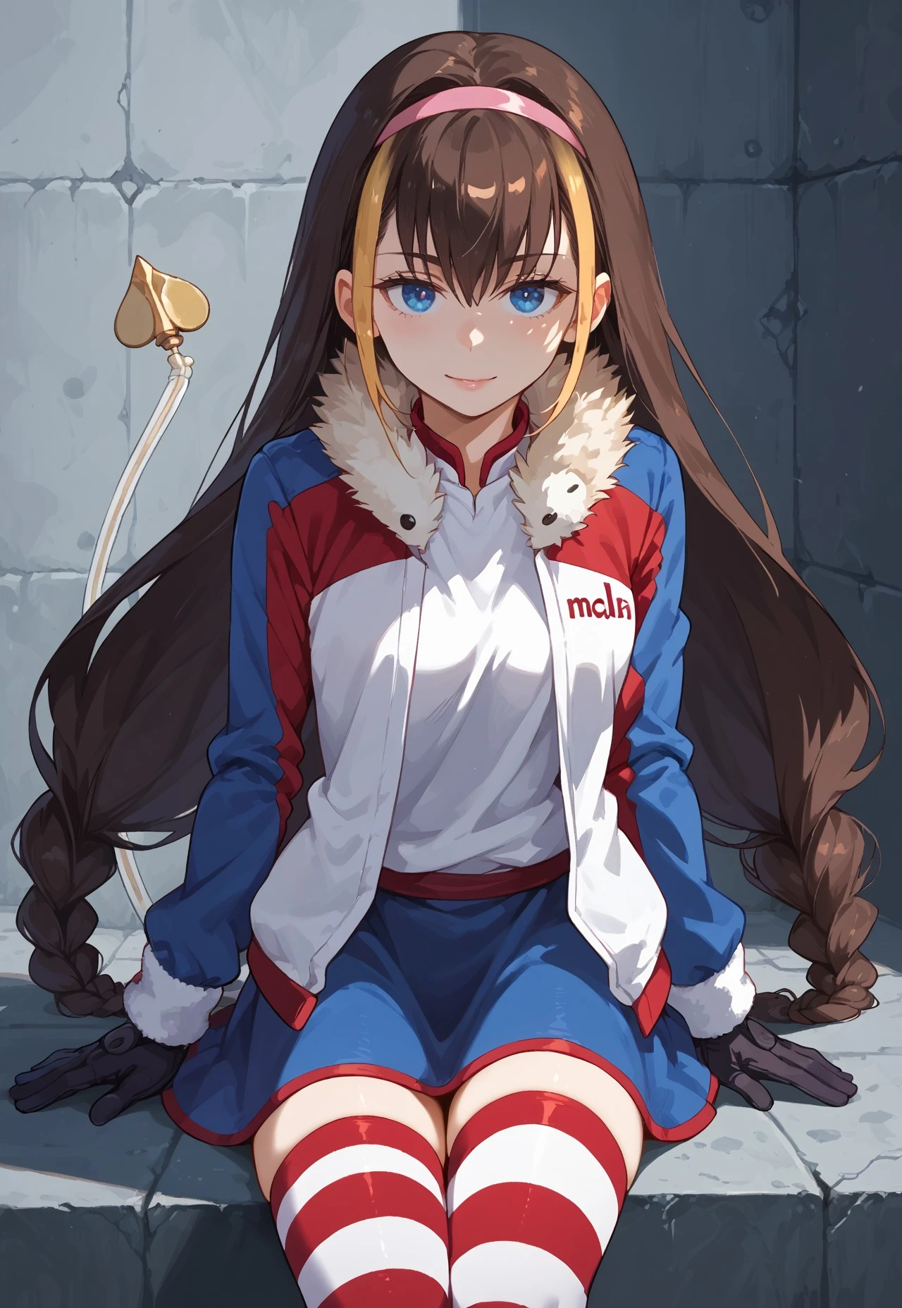 score_9, score_8_up, score_7_up,zPDXL3,Expressiveh, source_anime,1girl, solo, blue eyes, multicolored hair, streaked hair, brown hair, highlights, long hair, braid, mechanical tail, hairband, blue skirt, black gloves, striped thighhighs, jacket,