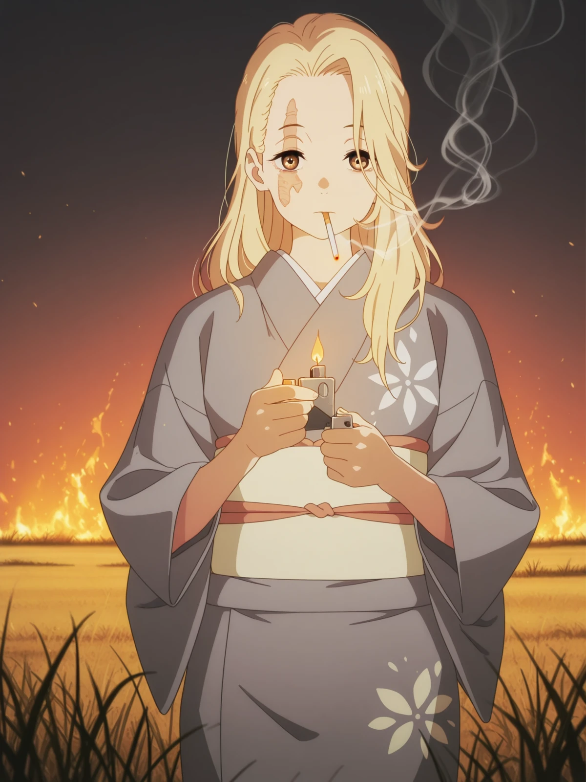 masterpiece, best quality, amazing quality,, <lora:jigoku-yui-s1-illustriousxl-lora-nochekaiser:1>, yui, long hair, blonde hair, brown eyes, scar, scar on face, mature female, small breasts, anime screencap, long sleeves, japanese clothes, kimono, sash, obi, grey kimono,, <lora:lighting-cigarette-illustriousxl-lora-nochekaiser:1>, lighting cigarette, lighter, holding lighter, cigarette, smoking, fire, smoke, holding, cowboy shot, straight-on, savannah, grass, wildlife, hot, open, cowboy shot, solo, looking at viewer,