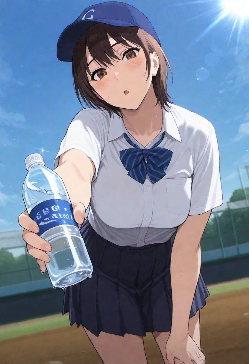 masterpiece, best quality,highres,newest,(ikuchan_kaoru:0.8),1girl,segawa_natsuki,brown hair,short hair,brown eyes,white collared shirt,blue bow,blue pleated skirt,blue baseball cap,(giving a bottle of water to viewer:1.3),(girl holding a bottle of water:1.1),leaning forward,worried,head tilt,:o,hand on own knee,(looking at viewer:1.2),blush,solo,from below,baseball field,sunlight, <lora:segawav3:0.78>