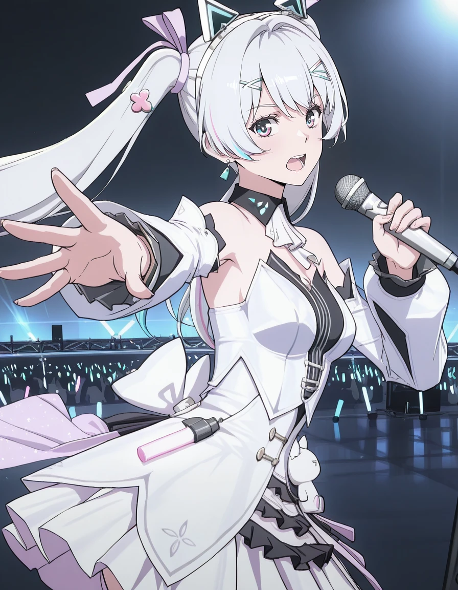 masterpiece,best quality,amazing quality,very aesthetic,high resolution,ultra detailed,perfect details,Urushihara Satoshi style,
stage,people,Glow stick,Colored paper,Dramatic Lighting,looking at viewer,
1girl,solo,dynamic pose,holding microphone,open mouth,singing,outstretched arm,from side,cowboy shot,
<lora:mai_pgr_karenina_blnh:0.8>,mai_pgr_karenina_blnh,long_hair,twintails,grey_hair,multicolored_hair,multicolored_eyes,hair_ornament,hairclip,fake_animal_ears,idol_clothes,detached_sleeves,detached_collar,white_dress,white_skirt,frilled_dress,stuffed_toy,<lora:AWaboku_style:1>,wabokuxl,flat color,sketch,