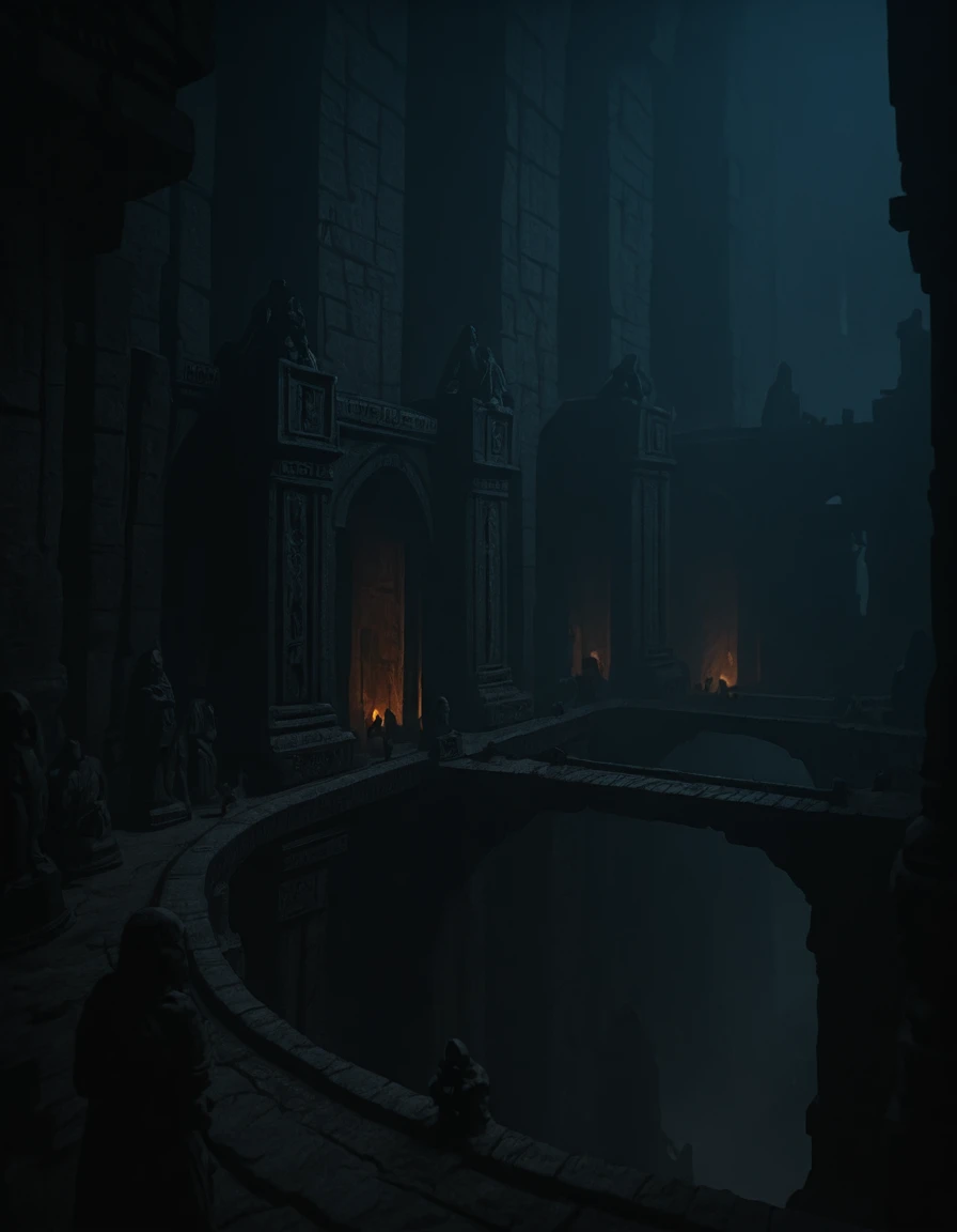 <lora:MW_Dwarven_p1ill:1> MWD01D, masterpiece, absurdres, 8k, insanely detailed, sharp focus, pitch black, very dark, in a huge dark underground carvern, old bridges over an endless foggy precipice, one suspended bridge, carved rocky walls and cracked rocky stone columns, a few faint torches, above the shoulder view, worn dusty statue silhouette of an old dwarf warrior on the side, ancient carved dwarven architecture, dusty, lost forgotten ambiance, shadows in the dark, lots of mist, multi levels,