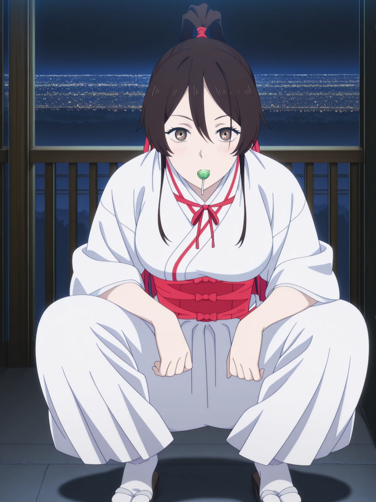masterpiece, best quality, amazing quality,, <lora:sagiri-yamada-asaemon-s1-illustriousxl-lora-nochekaiser:1>, sagiri yamada asaemon, long hair, black hair, ponytail, high ponytail, brown eyes, mature female, medium breasts, anime screencap, japanese clothes, kimono, hakama,, <lora:slav-squatting-illustriousxl-lora-nochekaiser:1>, slav squatting, solo, looking at viewer, blush, full body, mouth hold, squatting, candy, lollipop, food in mouth,, city skyline, rooftop view, night time, city lights, quiet reflection, cowboy shot, solo, looking at viewer, <lora:transparent-background-illustriousxl-lora-nochekaiser:1>, transparent background, simple background, white background