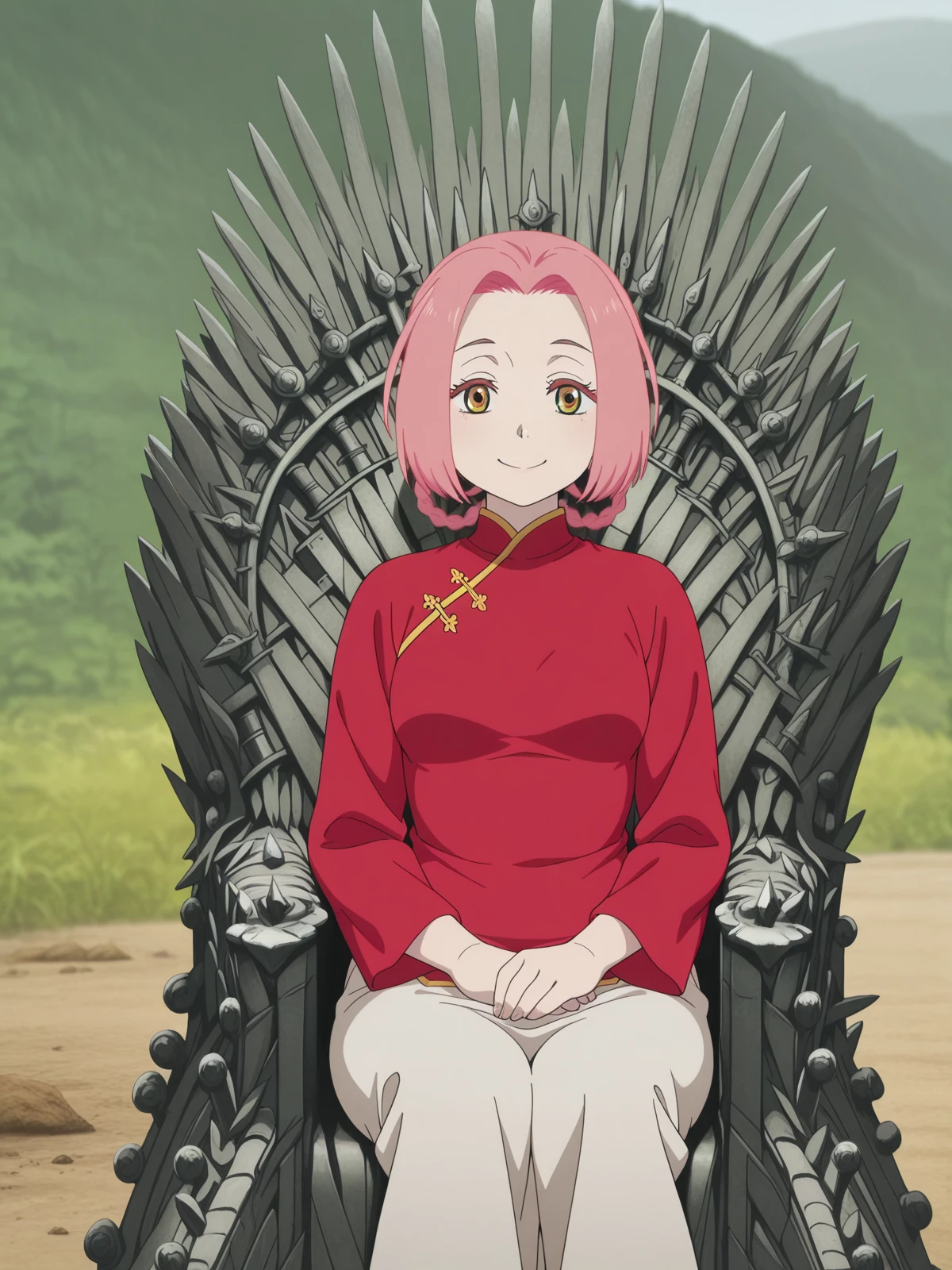 masterpiece, best quality, amazing quality,, <lora:jigoku-mei-s1-illustriousxl-lora-nochekaiser:1>, mei, short hair, pink hair, hair rings, parted bangs, braid, yellow eyes, mature female, small , anime screencap, pants, red shirt, chinese clothes, long sleeves, <lora:iron-throne-illustriousxl-lora-nochekaiser:1>, iron throne, sitting, looking at viewer, sword, throne, sitting on throne, smile, feet out of frame, path, dirt, nature, walk, plants, cowboy shot, solo, looking at viewer,
