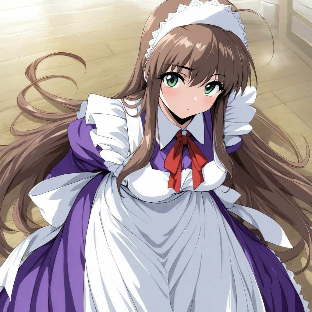 masterpiece,high score,great score,absurdres,looking at viewer,solo,<lora:CharlotteVerlaine ag4o:1> charlotteverlaine, brown hair, long hair, green eyes,maid headdress,maid,apron,