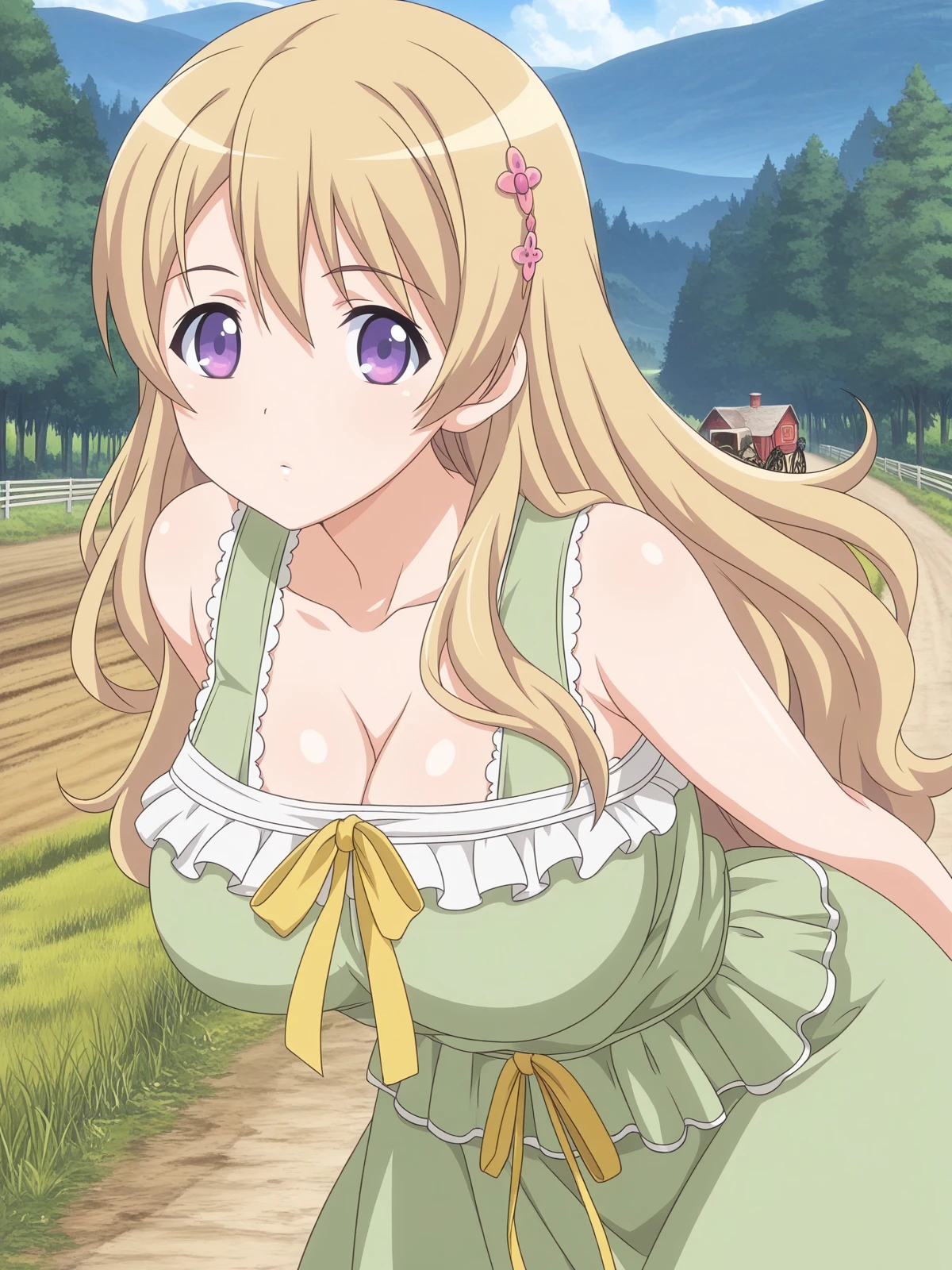 masterpiece, best quality, amazing quality,, <lora:momoka-fujiwara-ova-illustriousxl-lora-nochekaiser:1>, momoka fujiwara, long hair, blonde hair, hair ornament, purple eyes, mature female, large breasts, anime screencap, dress, green dress, frills, sleeveless, ribbon, yellow ribbon, skirt,, leaning forward,, bike ride, countryside, dirt road, trees, afternoon sun, peaceful, alone, cowboy shot, solo, looking at viewer,