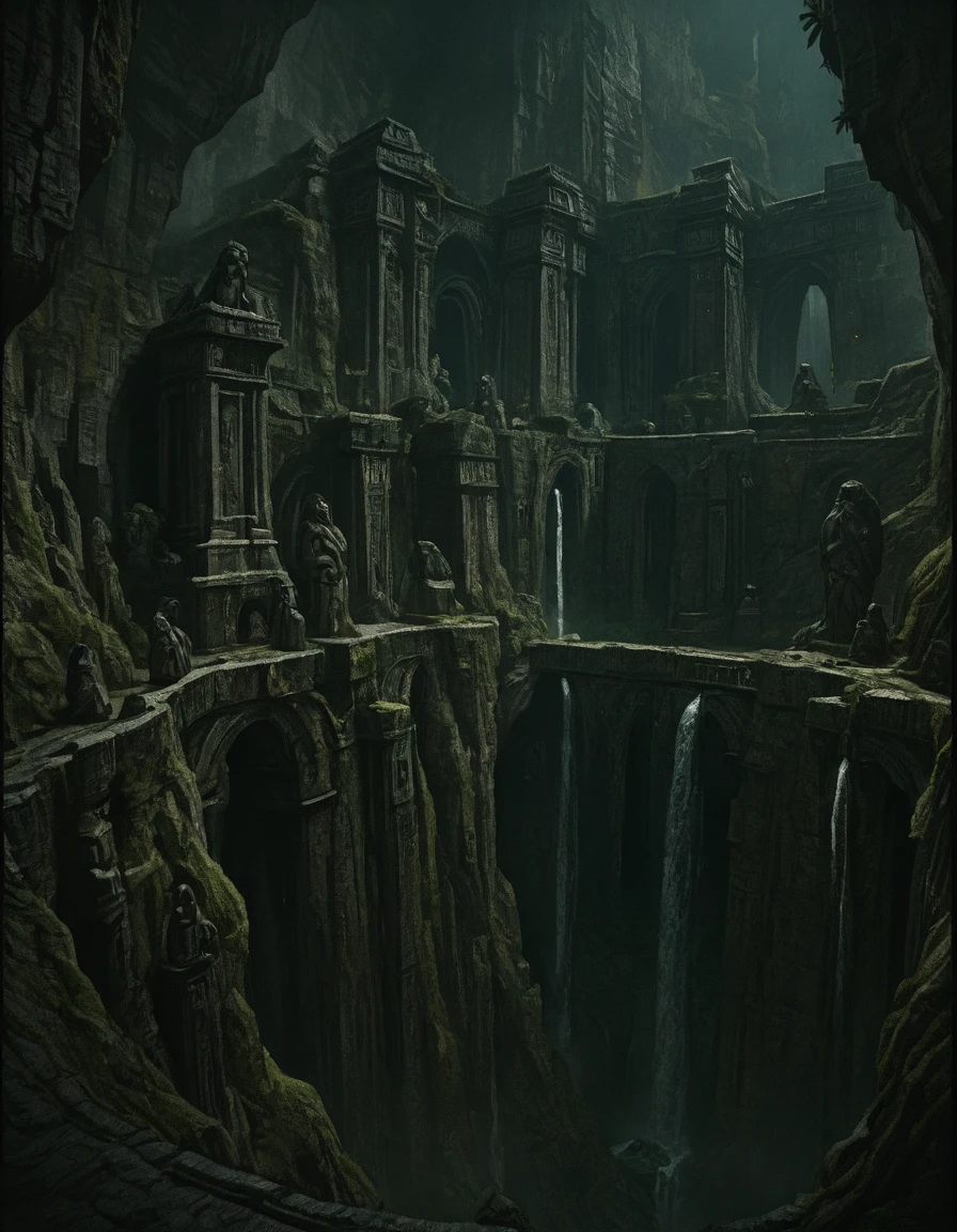 <lora:MW_Dwarven_p1ill:1> MWD01D, masterpiece, absurdres, 8k, insanely detailed, sharp focus, pitch black, very dark, dwarven city, in a huge dark underground carvern, old sinuous paths over foggy precipice, carved rocky walls, waterfalls, a few faint torches, above the shoulder view, worn dusty statue of an old dwarf warrior on the side, ancient carved dwarven architecture merged in the rocky cavern walls, dusty, lost forgotten ambiance, moss,