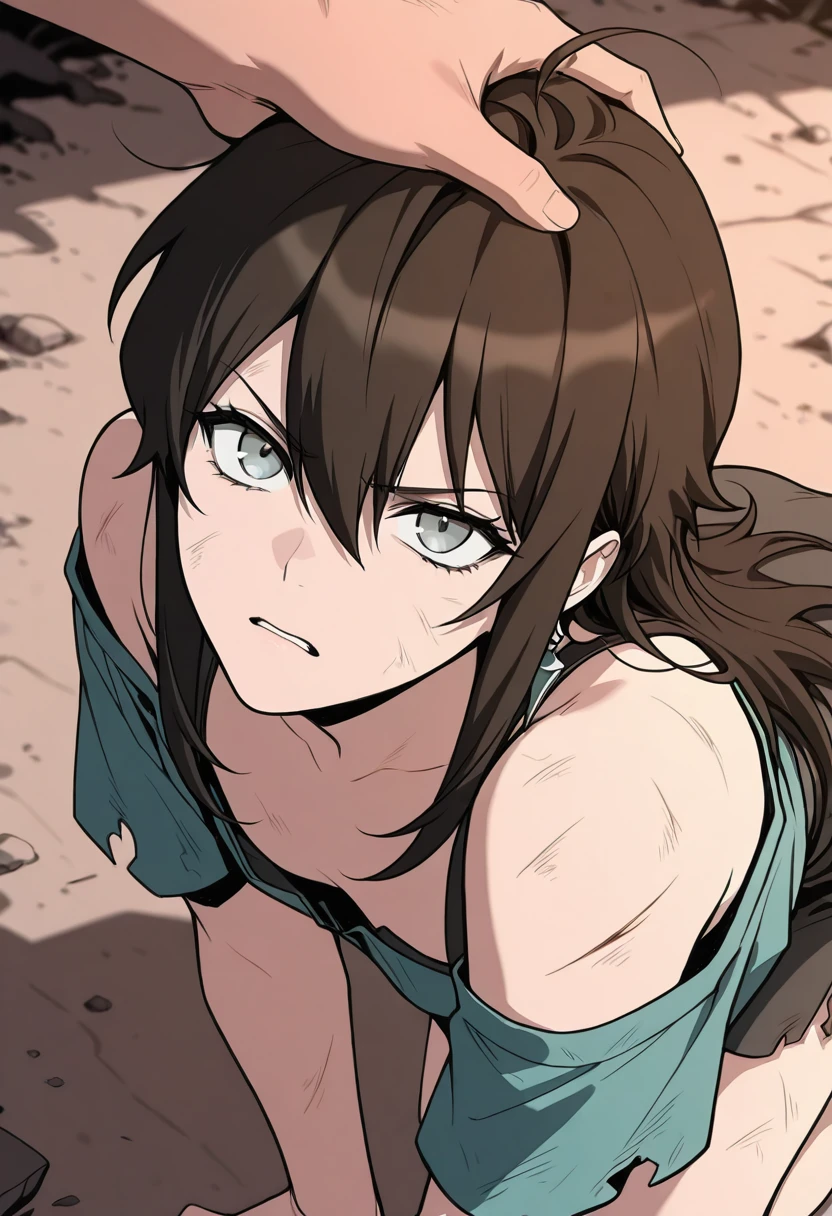 HDR, masterpiece, best quality, very aesthetic, semi realistic, (flat color:1.3),
lurin, 1girl, solo, grey eyes, long hair,  brown hair, black hair, ahoge, hair between eyes, jewelry, bare shoulders, sidelocks, small breasts,
detailed background, war, angry, torn clothes, dirty, scratches, all fours, side view, looking at viewer, parted lips, exposed chest, head grab, pov, from above, head tilt, hair pull