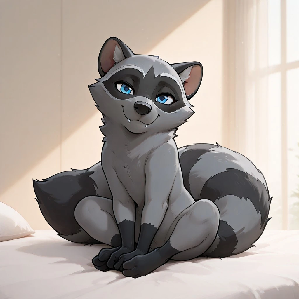 1girl, highres, absurdres, newest, masterpiece, best quality, zaush, simple background, solo, flat lighting, animal, front view, (coco, raccoon, feral, flat grey body, petite body, fluffy face, fluffy tail, grey feet, black hands, fangs, blue eyes), looking at viewer, closed mouth smile, wink, sitting down