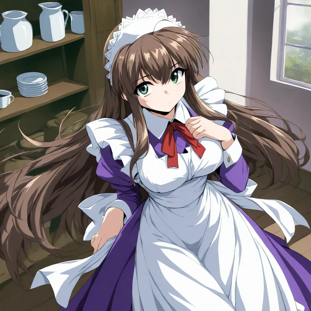 masterpiece,high score,great score,absurdres,looking at viewer,solo,cowboy_shot,<lora:CharlotteVerlaine ag4o:1> charlotteverlaine, brown hair, long hair, green eyes,maid headdress,maid,apron,