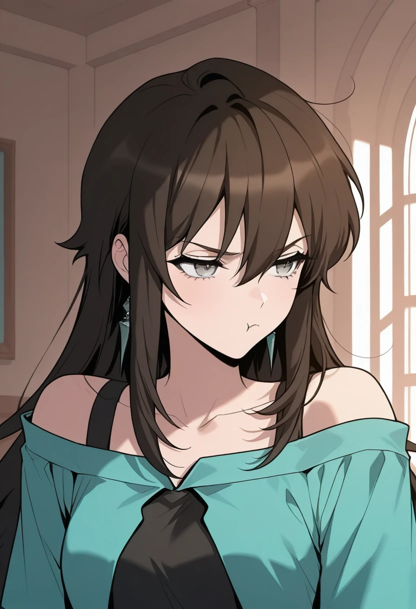 HDR, masterpiece, best quality, very aesthetic, semi realistic, (flat color:1.3),
lurin, 1girl, solo, grey eyes, long hair,  brown hair, black hair, ahoge, hair between eyes, jewelry, bare shoulders, sidelocks,
bare shoulders, collarbone, short sleeves, off-shoulder shirt, aqua shirt, bra strap, black dress, black skirt, open jacket, medium breasts, pouting, portrait, detailed eyes and face, indoors, detailed background
