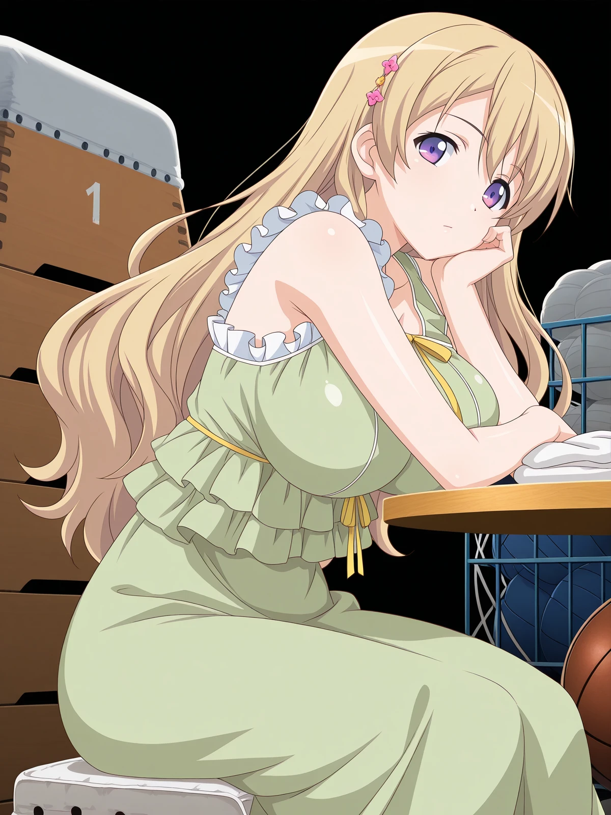 masterpiece, best quality, amazing quality,, <lora:momoka-fujiwara-ova-illustriousxl-lora-nochekaiser:1>, momoka fujiwara, long hair, blonde hair, hair ornament, purple eyes, mature female, large breasts, anime screencap, dress, green dress, frills, sleeveless, ribbon, yellow ribbon, skirt,, sitting, head rest, table,, gym storeroom, equipment, supplies, cleaning, storage, cowboy shot, solo, looking at viewer, <lora:transparent-background-illustriousxl-lora-nochekaiser:1>, transparent background, simple background, white background