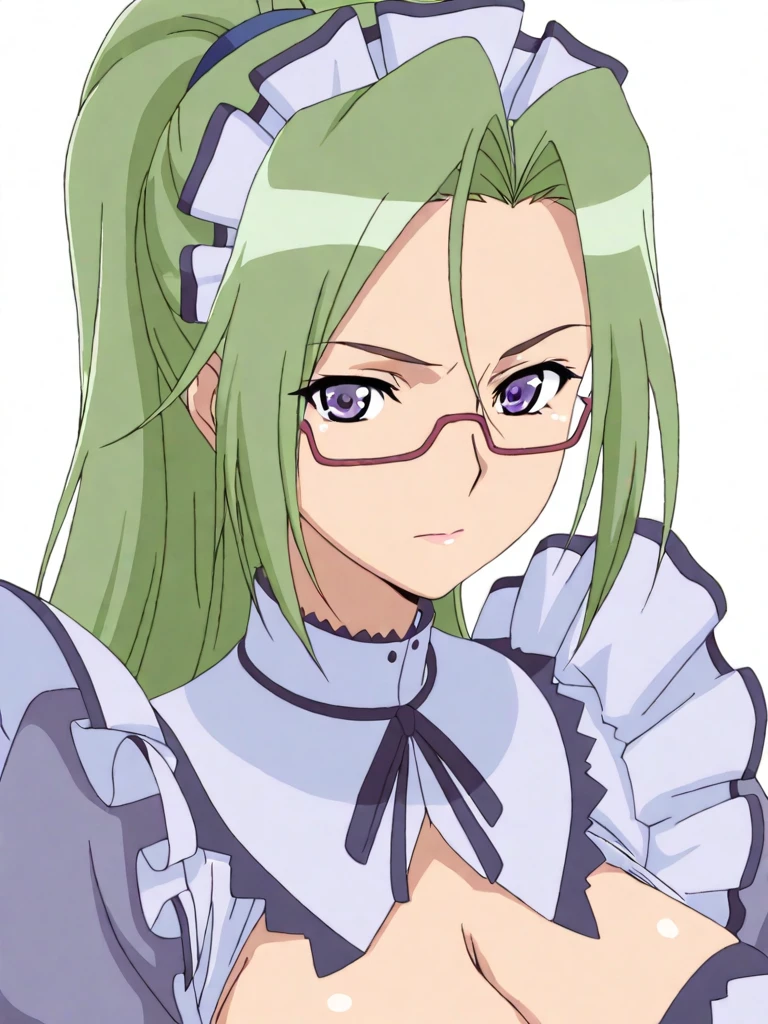 masterpiece,high score,great score,absurdres,looking at viewer,solo,portrait,white background,<lora:MitsukiHanyuu hassakuill30:1> mitsukihanyuu, green hair, ponytail, purple eyes, glasses,maid,cleavage,