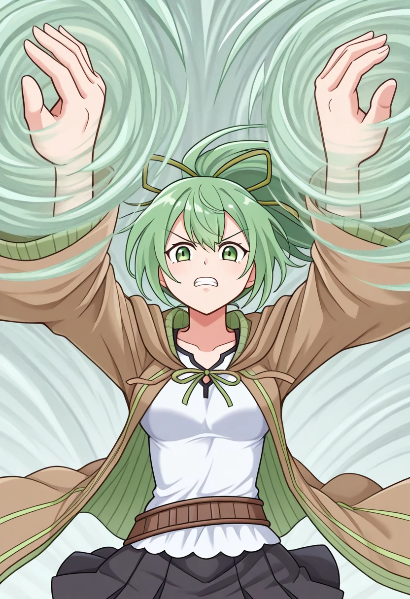 kamizunaarashi, arms up, spinning hands, wind, tornado, 1girl, solo, wynnygo, duel monster, green hair, ponytail, green ribbon, hair ribbon, green eyes, brown hooded robe, green ribbed coat, layered clothes, wide sleeves, white shirt, brown belt, black skirt, clenched teeth, upper body,