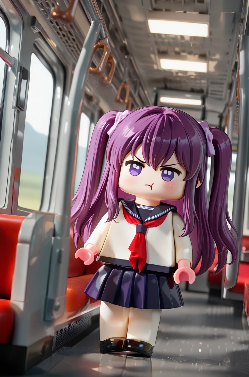 absurdres, highly-detailed, best quality, masterpiece, very aesthetic, amazing quality, l3g0,
1girl, solo, (chibi:1.2), cute, full body, s11na_m1yu, purple hair, long hair, purple eyes, twintails BREAK chool uniform, serafuku, skirt, 
pout, open mouth, train interior, dynamic angle, sharp focus <lora:LEGO_Style_IL:1.5> <lora:siina miyu v1.0b-000011:1>