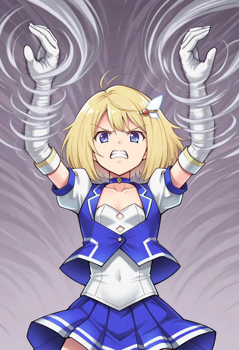 kamizunaarashi, arms up, spinning hands, wind, tornado, 1girl, solo, saorikprismshirley, prismshirley, magical girl, hair ornament, blonde hair, short hair, blue eyes, choker, strapless shirt, puffy short sleeves, elbow gloves, vest, skirt, clenched teeth, upper body,