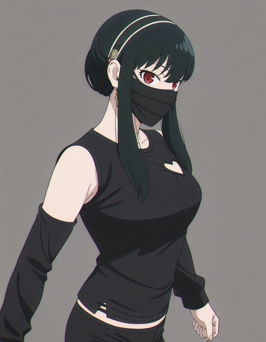 masterpiece,best quality,amazing quality,very aesthetic,high resolution,ultra detailed,perfect details,anime coloring,
1girl,solo,walking,looking at viewer,simple background,grey background,
<lora:mai_bbshirt:0.8>,mai_bbshirt,mouth_mask,black_shirt,detached_sleeves,heart_cutout,black_pants,
<lora:All_of_Yor_ForgerBriars_outfits_Spy_x_Family:1>,Yor Forger (character),yor briar,1girl,solo,black hair,red eyes,breasts,anime coloring,