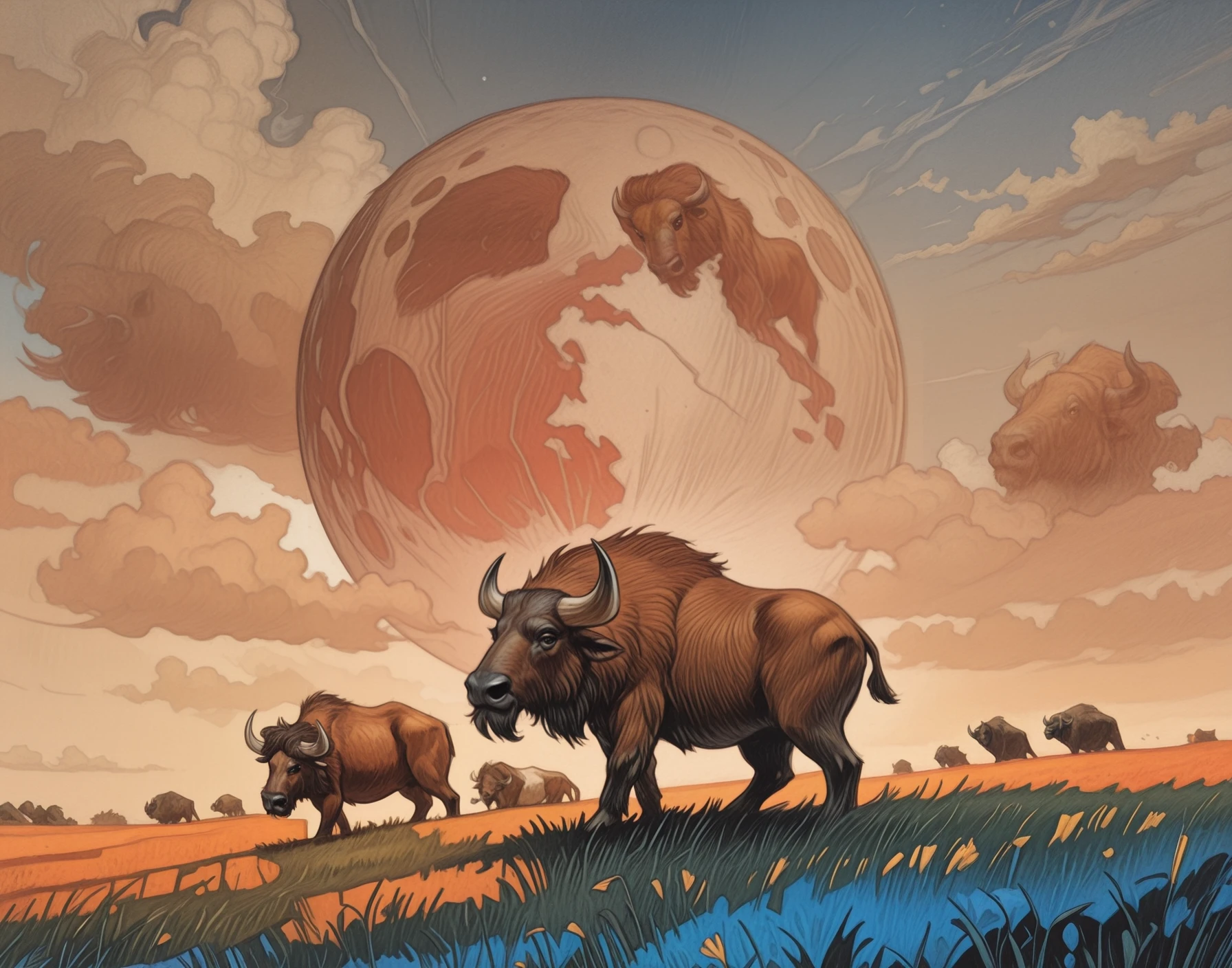 embedding:Stable_Yogis_PDXL_Positives, embedding:Stable_Yogis_PDXL_Positives2, embedding:lazypos, embedding:cr1sp, no humans, bison, CKosak, painterly strokes, bold brushwork, color transitions, luminous colors, moonlit colors, oil painting, canvas texture, layered paint, beveled brush strokes, thick paint texture, abstract elements, surreal accents, negative space, moon, blue palette, wide shot, field, clouds
,masterpiece, best quality, very aesthetic, bold outlines, strong shadows, high contrast, crisp lines, detailed, intricate, ultra detailed, vibrant, smooth gradients, subtle shadows, professional, high-resolution, perfect lighting, solo, depth, complex lighting, ultra detailed
,,