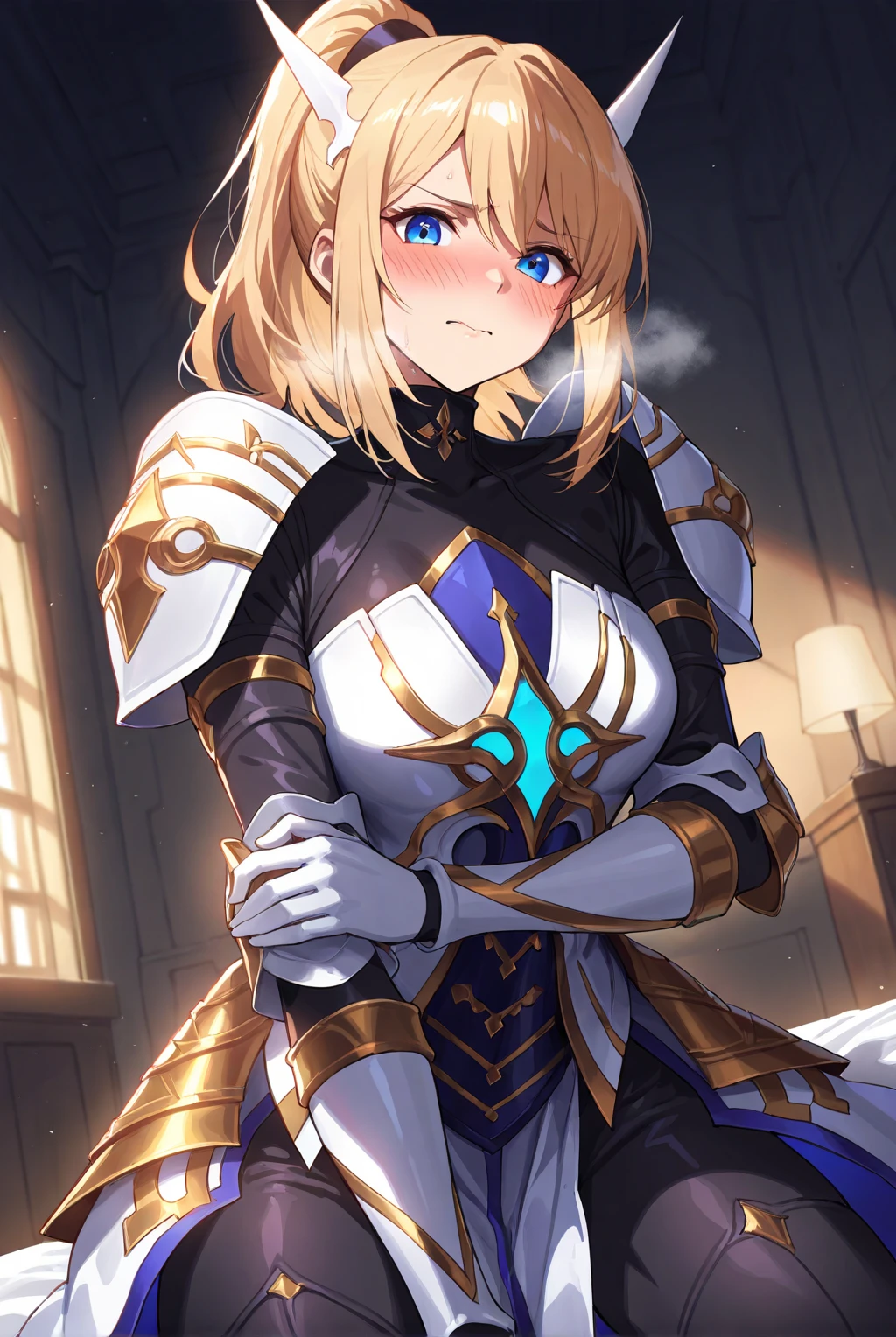 zPDXL3,score_9,score_8_up,score_7_up,source_anime,rating_safe BREAK masterpiece,highres,best quality,high quality,dramatic angle,cinematic lighting,1girl,<lora:ShadowverseHolySaber_Noob05_V1:1> ,blonde hair,blue eyes,ponytail,hair ornament,black bodysuit,heavy breathing,steaming body,embarrassed,looking at viewer,sitting,covering privates,white dress,white armor