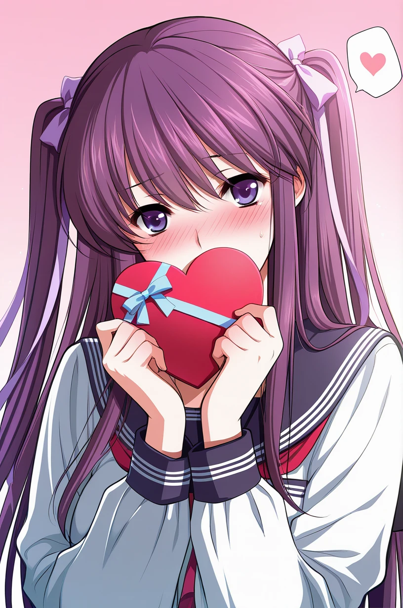 masterpiece, best quality, amazing quality, very aesthetic, absurdres, ultra detailed, 
1girl, solo,  s11na_m1yu, purple hair, long hair, purple eyes, twintails BREAK school uniform, serafuku, skirt, 
lovestruck, shy, Radiant, blush, head tilt, looking at viewer, spoken heart, standing, holding heart gift, hand over own mouth, gradient background, pink background, front view, upper body, ultra detailed, best hands <lora:siina miyu v1.0b-000011:1>