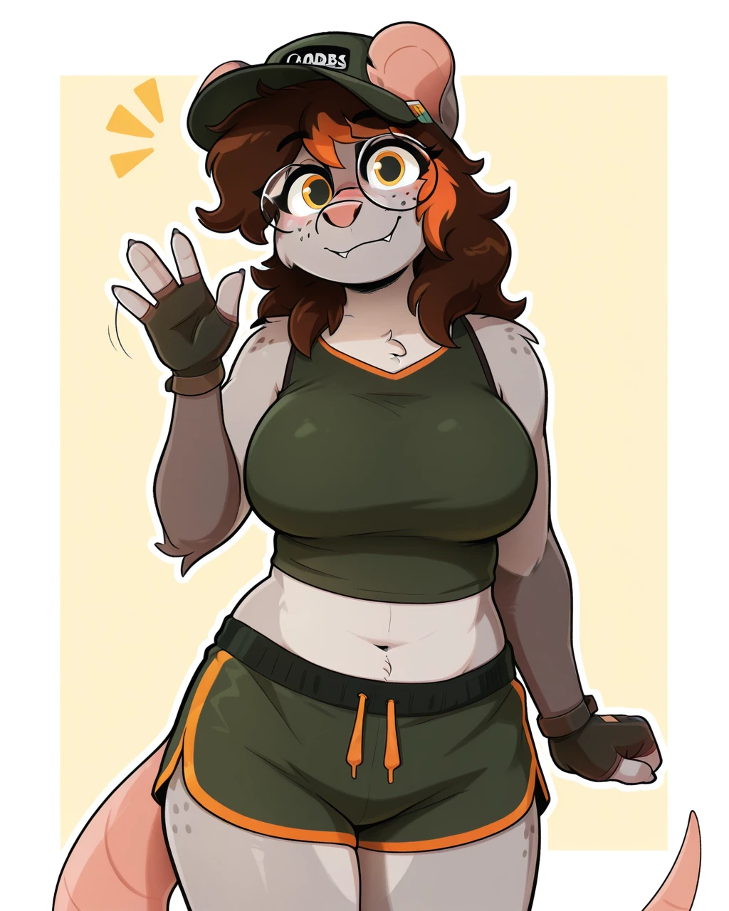 masterpiece,best quality,amazing quality, furry female, gabby bytes, female, furry, possum, half-length portrait,  round glasses, yellow eyes, hat, orange highlights, brown hair, tail, headwear, headgear, , waving, looking at viewer, smile, midriff, crop top, dolphin shorts, fingerless gloves, happy, freckles, standing, solo, three-quarter view, head tilt, simple background, white outline,   <lora:Cobalt_Snow_Ill:0.6> <lora:The-Minuscule-Task_Style_Lora_Illustrious:0.4> <lora:goopystem_ILL:0.5> <lora:Gabby_Bytes_WirelessShiba_illus:1>