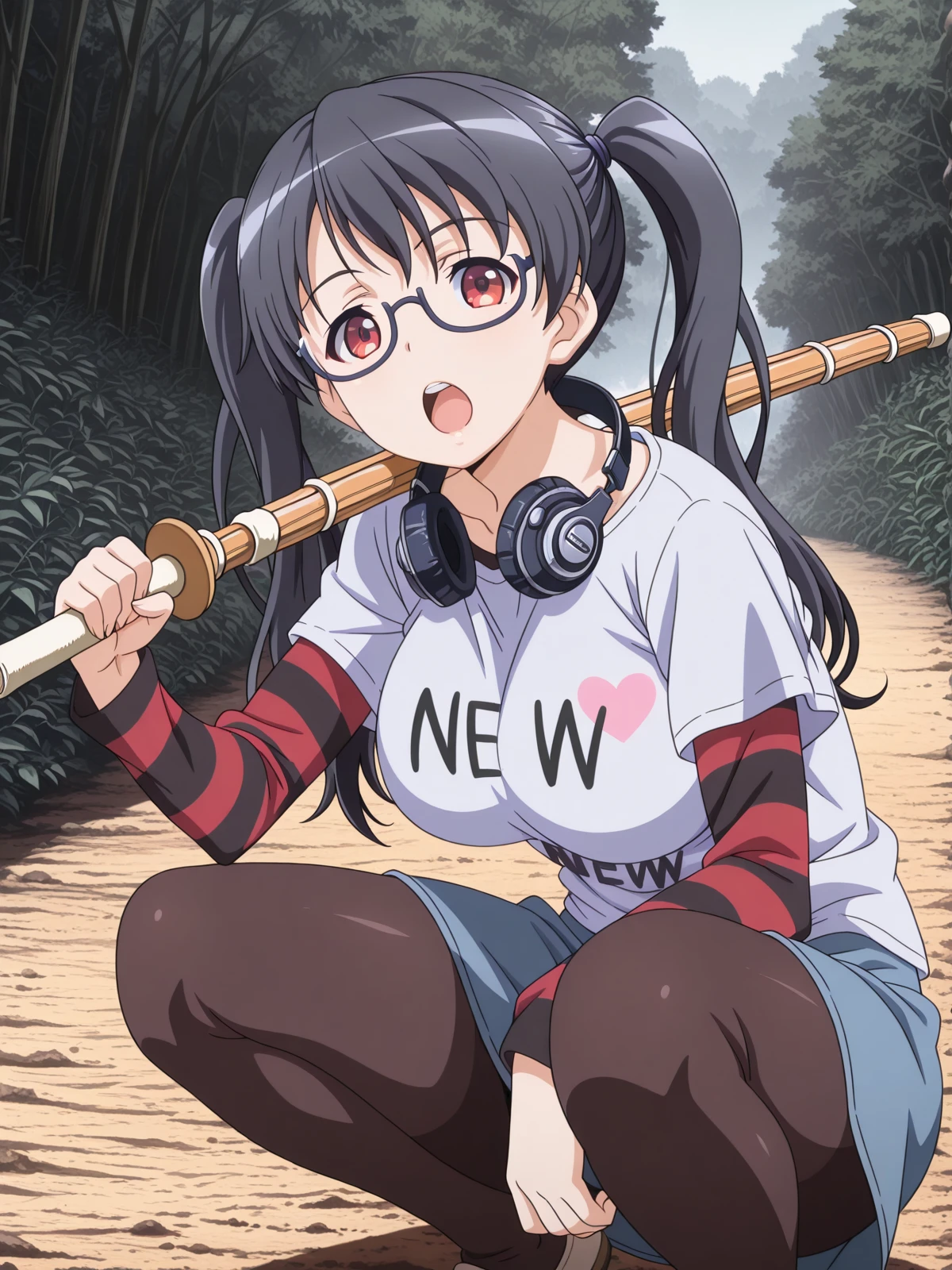 masterpiece, best quality, amazing quality,, <lora:iori-kousaka-ova-illustriousxl-lora-nochekaiser:1>, iori kousaka, black hair, twintails, glasses, red eyes, mature female, large breasts, anime screencap, skirt, thighhighs, pantyhose, striped sleeves, shirt, headphones, t-shirt, clothes writing, semi-rimless eyewear, headphones around neck, raglan sleeves,, <lora:slav-squatting-illustriousxl-lora-nochekaiser:1>, slav squatting, solo, looking at viewer, open mouth, holding, weapon, teeth, sword, holding weapon, holding sword, squatting, over shoulder, weapon over shoulder, wooden sword, shinai, bokken,, path, dirt, nature, walk, plants, cowboy shot, solo, looking at viewer,
