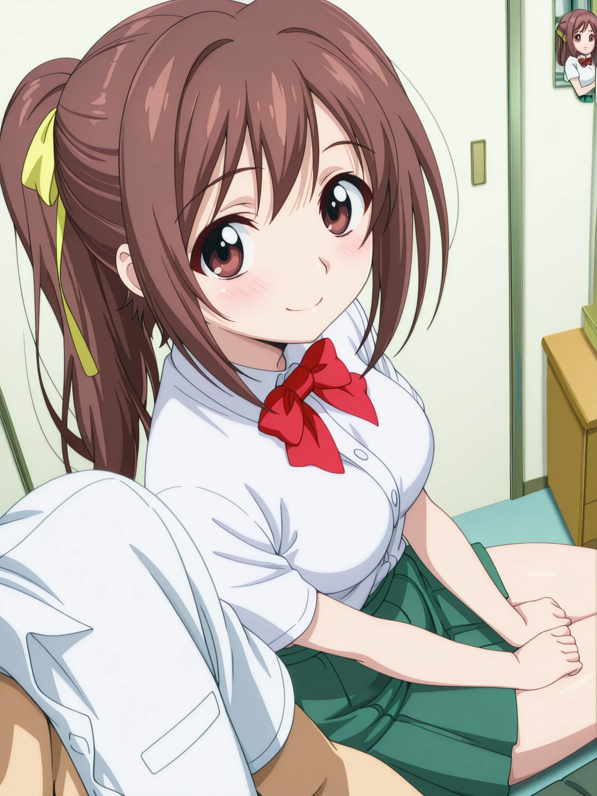 masterpiece, best quality, amazing quality,, <lora:sohara-mitsuki-s2-illustriousxl-lora-nochekaiser:1>, sohara mitsuki, long hair, brown hair, bow, ribbon, brown eyes, hair ribbon, ponytail, mature female, medium breasts, anime screencap, skirt, bow, ribbon, green skirt, pleated skirt, short sleeves, white shirt, collared shirt, buttons, bowtie, red bowtie, <lora:side-by-side-pov-illustriousxl-lora-nochekaiser:1>, side-by-side pov, side-by-side, pov, solo focus, looking at viewer, blush, smile, 1boy, sitting, pov shoulder,, apartment, building, rooms, residents, balconies, cowboy shot, solo, looking at viewer, <lora:transparent-background-illustriousxl-lora-nochekaiser:1>, transparent background, simple background, white background