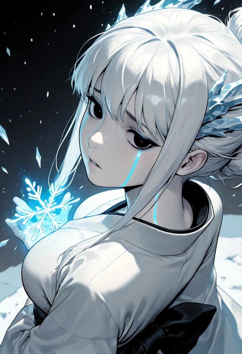 masterpiece, best quality,
cool lighting, limited palette, abstract, cool, glowing lines,
solo, breast, yuki onna, 1girl, black eyes, white hair, kimono, ice, icecle, magic, dynamic angle, close-up, 4s1ndc, asian, snowflakes, from behind, from above, looking at viewer, parted lips, sad, pale skin