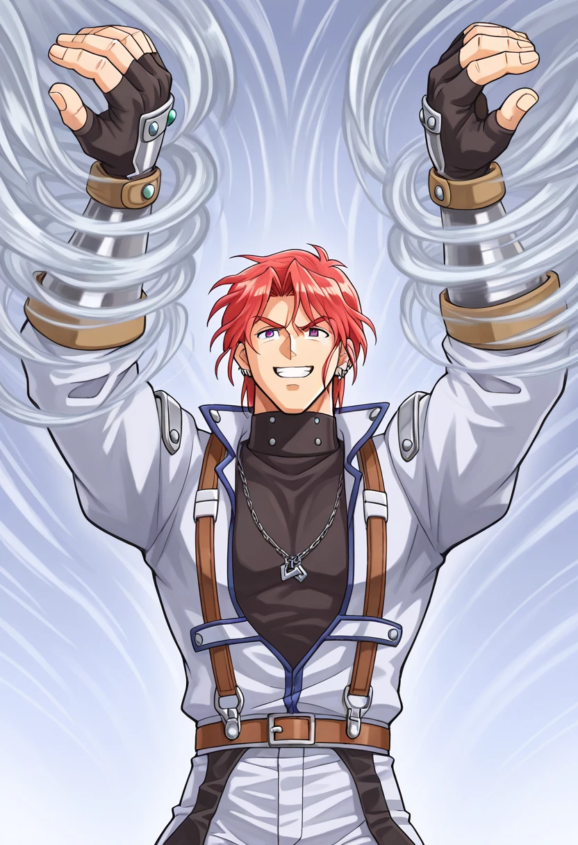 kamizunaarashi, arms up, spinning hands, wind, tornado, 1boy, solo, akuseruahoseru, red hair, short hair, purple eyes, earrings, earclip, jacket, popped collar, long sleeves, fingerless gloves, silver arm guards, shirt, turtleneck, necklace, belt, suspenders, white pants, black chaps, upper body, grin, smile,