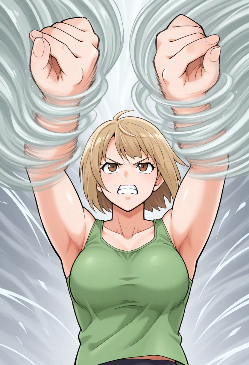 kamizunaarashi, arms up, spinning hands, wind, tornado, 1girl, solo, beige hair, short hair, brown eyes, green tank top, bike shorts, clenched teeth, upper body,
