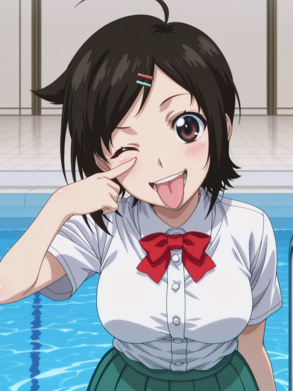 masterpiece, best quality, amazing quality,, <lora:tomoki-sakurai-s2-illustriousxl-lora-nochekaiser:1>, tomoki sakurai, short hair, black hair, hair ornament, brown eyes, ahoge, hairclip, mature female, medium breasts, anime screencap, skirt, bow, ribbon, green skirt, pleated skirt, short sleeves, white shirt, collared shirt, buttons, bowtie, red bowtie, <lora:airashiratori-akanbe-illustriousxl-lora-nochekaiser:1>, airashiratori akanbe, solo, looking at viewer, blush, smile, open mouth, upper body, teeth, one eye closed, tongue, tongue out, portrait, eyelid pull, hand up, straight-on, akanbe, finger to eye,, pool, water, lifeguard, swim_lane, float, cowboy shot, solo, looking at viewer,