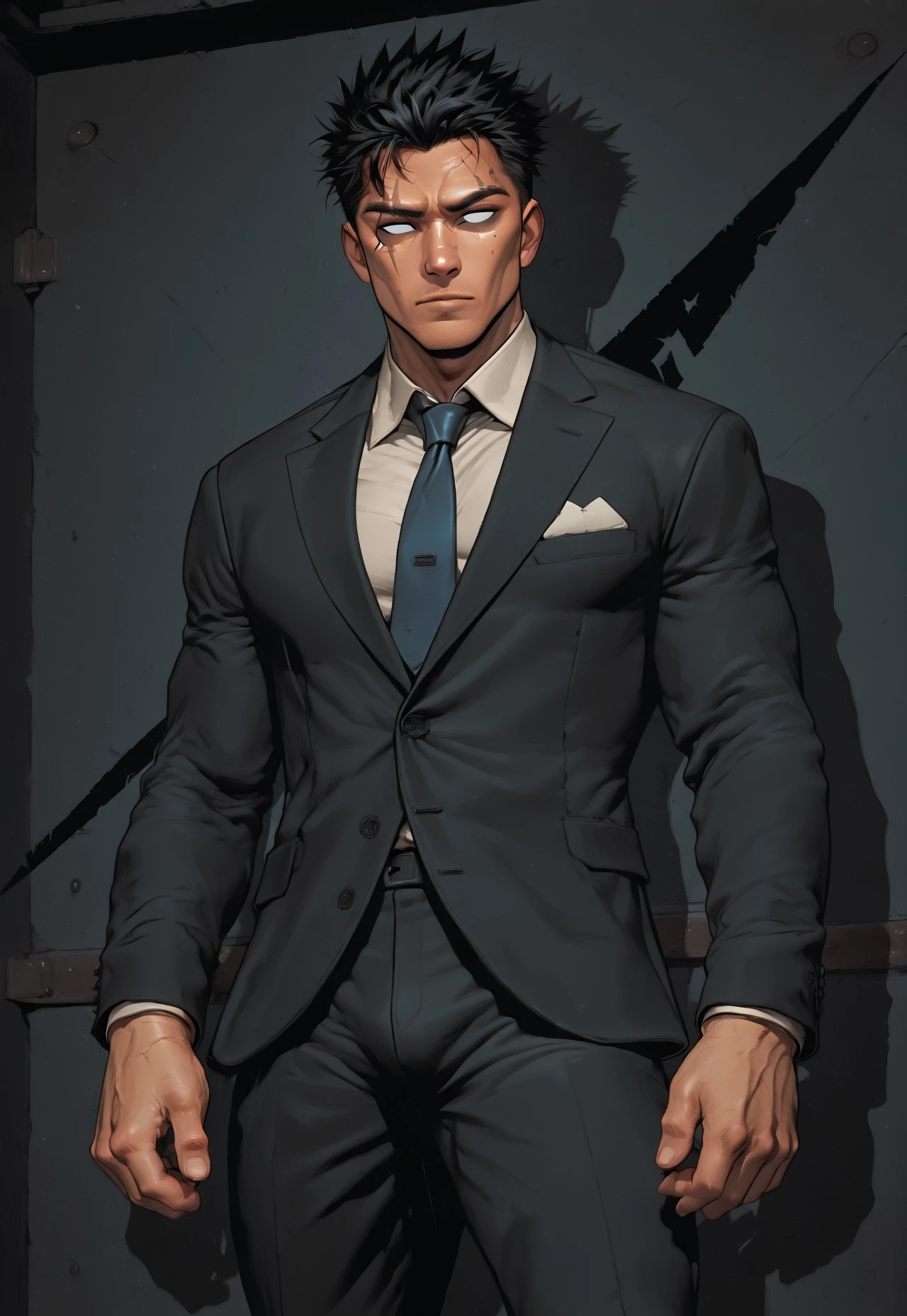 masterpiece, best quality, amazing quality, absurdres, newest, definition so sharp, Ultra-HD, 8K cinematic, very awa, 4s1ndc, asian, detailed background,
1boy, mature boy, muscle body, ginger short hair, spiked hair, blue eyes, (scar on eyes:1.2),
suit, (half shadow face, diagonal shadow, no pupils:1.3)