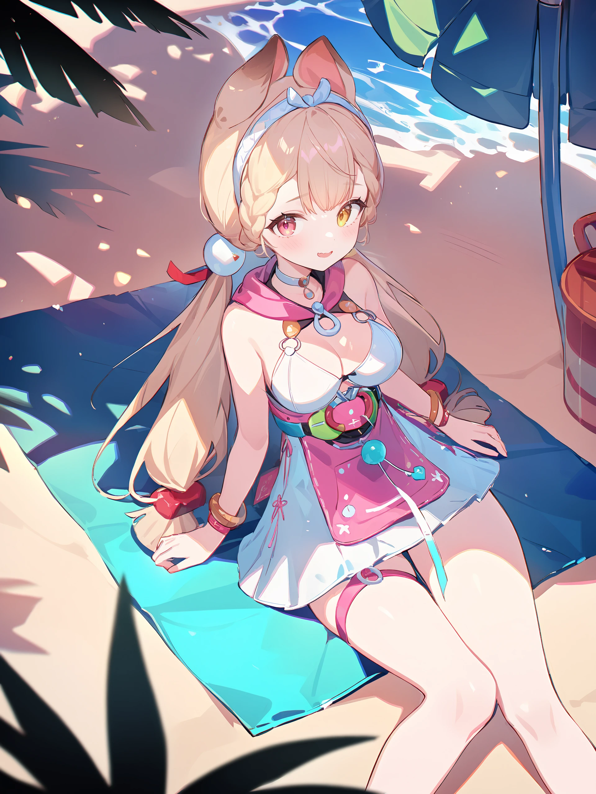 illustration, incredibly absurdres, ultra detailed, masterpiece, best quality, perfect features, intricate details, ray tracing, very aesthetic, (ask \(askzy\), hiten \(hitenkei\):0.7), <lora:Char-ZZZ-Alice-V1-XL:1:hr=0.6>, 1girl, alice thymefield, heterochromia, solo, braided bangs, twintails, hair bobbles, white hairband, white choker, pink hood, dress swimsuit, utility belt, bracelet, wristwatch, thigh strap, looking at viewer, smile, wavy mouth, sitting on bed, full body, beach, ocean, blue sky, beach mat, beach umbrella, depth of field