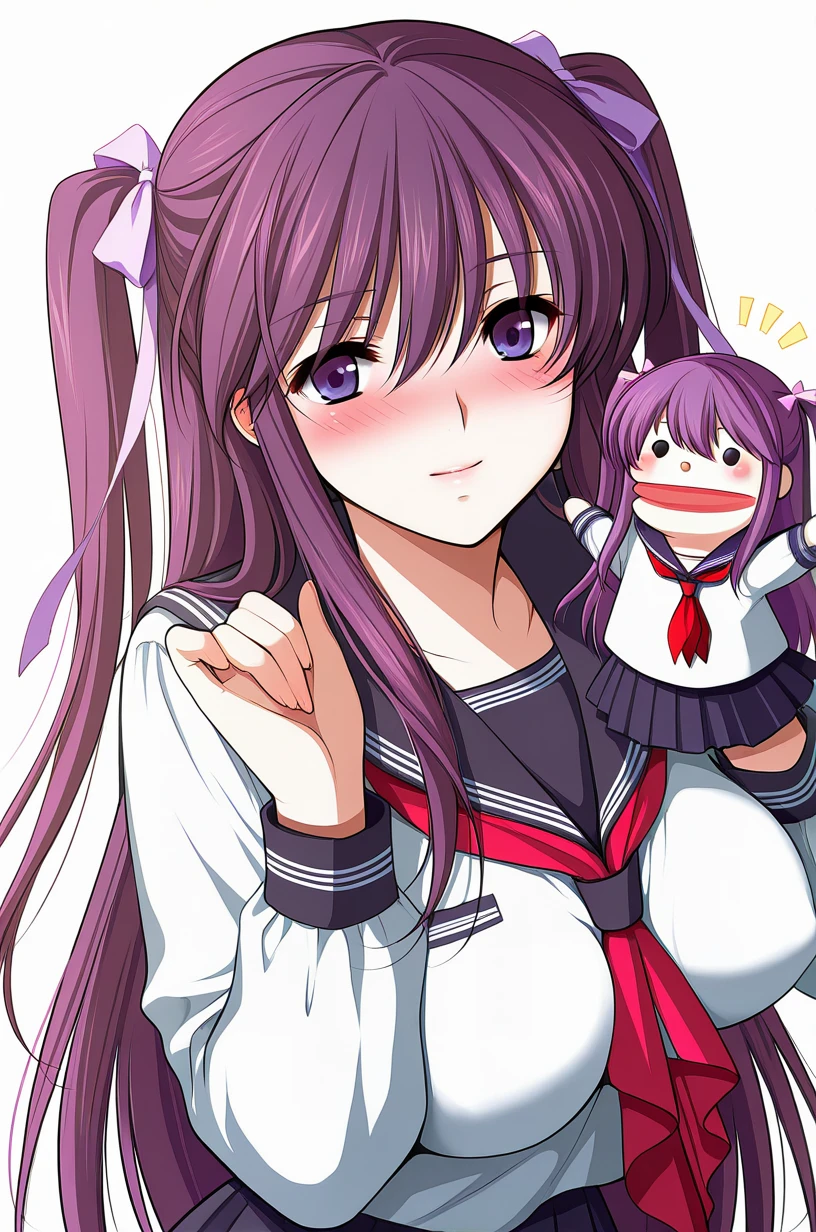 masterpiece, best quality, amazing quality, very aesthetic, absurdres, ultra detailed, 
1girl, solo,  s11na_m1yu, purple hair, long hair, purple eyes, twintails BREAK serafuku, skirt, 
embarrassed, blush, standing, hppt,hand puppet, happy aura, simple background, white background, upper body, soft shadows <lora:hand_puppet_IL_v1:1> <lora:siina miyu v1.0b-000011:1>