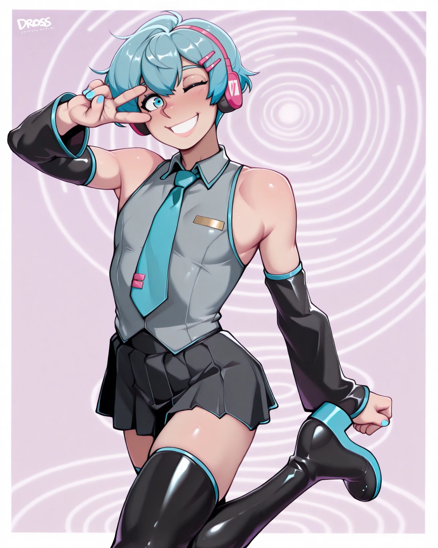 masterpiece, best quality, amazing quality, very aesthetic, high resolution, ultra-detailed, absurdres, newest, extremely detailed, perfect lighting,
dross, western comics \(style\),
detailed face, detailed body, detailed clothes, detailed eyes,
1boy, solo, bishounen, flat chest, aqua hair, aqua eyes,
hatsune_mikuo, genderswap, very short hair, pixie cut, multicolored headphones, black with pink headphones, pink hairpin,
crossdressing, grey sleeveless collared shirt, aqua necktie, long black detached sleeves, black pleated miniskirt, black thigh boots, blue nails,
looking at viewer, happy, open mouth, smile,
standing, looking at viewer, posing, three quarter view, v over eye, one eye closed, grin, standing on one leg, leg up,
simple background, light purple background,
white spiral background,
BREAK, volumetric lighting,
<lora:anatomy_helper:1><lora:highresbodyfix_v1:1><lora:StS_Age_Slider_Illustrious_v1_1055288:1><lora:Hatsune_Mikuo__Rule_63Genderswap_Hatsune_Miku:1><lora:otobody_B_IL:1>
