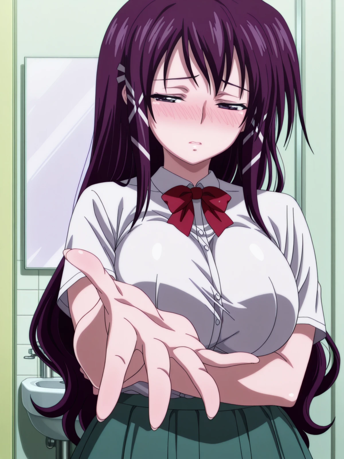 masterpiece, best quality, amazing quality,, <lora:mikako-satsukitane-s2-illustriousxl-lora-nochekaiser:1>, mikako satsukitane, long hair, purple eyes, hair ribbon, purple hair, hair tubes, sidelocks, mature female, large breasts, anime screencap, skirt, bow, ribbon, green skirt, pleated skirt, short sleeves, white shirt, collared shirt, buttons, bowtie, red bowtie, <lora:will-you-take-her-hand-illustriousxl-lora-nochekaiser:1>, will you take her hand, solo, blush, upper body, looking to the side, reaching, reaching towards viewer, arm under breasts, half-closed eyes, foreshortening, parted lips, nose blush, embarrassed,, bathroom, tiles, mirror, sink, toiletries, cowboy shot, solo, looking at viewer,