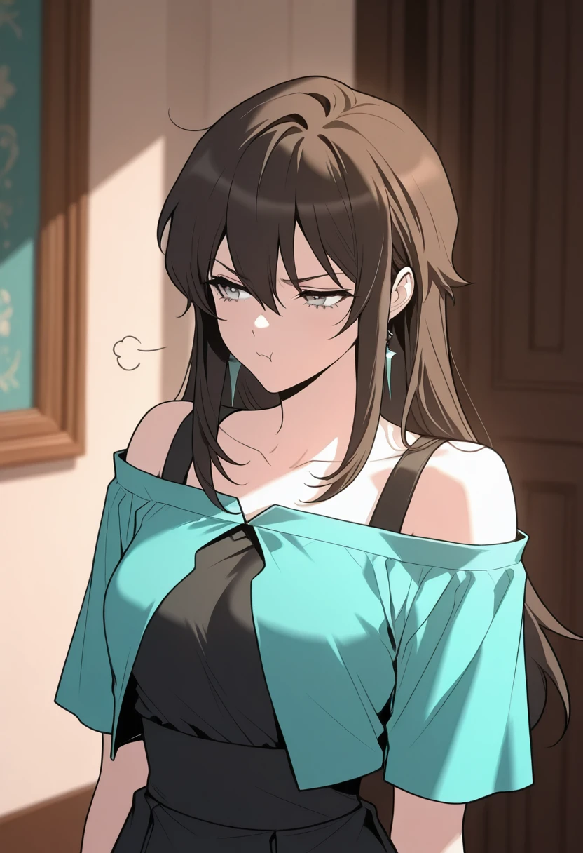 HDR, masterpiece, best quality, very aesthetic, semi realistic, (flat color:1.3),
lurin, 1girl, solo, grey eyes, long hair,  brown hair, black hair, ahoge, hair between eyes, jewelry, bare shoulders, sidelocks,
bare shoulders, collarbone, short sleeves, off-shoulder shirt, aqua shirt, bra strap, black dress, black skirt, open jacket, medium breasts, pouting, portrait, detailed eyes and face, indoors, detailed background