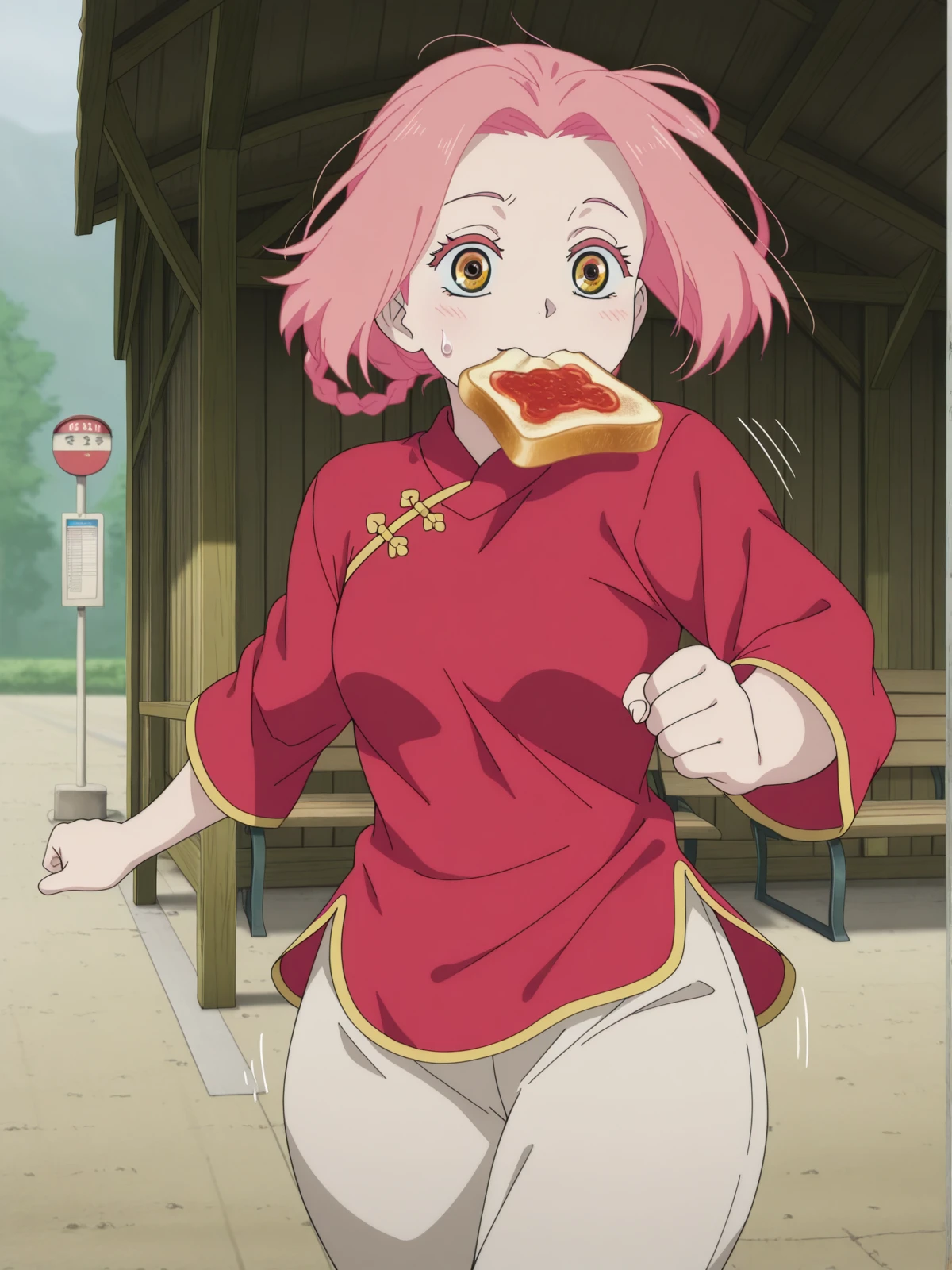 masterpiece, best quality, amazing quality,, <lora:jigoku-mei-s1-illustriousxl-lora-nochekaiser:1>, mei, short hair, pink hair, hair rings, parted bangs, braid, yellow eyes, mature female, small breasts, anime screencap, pants, red shirt, chinese clothes, long sleeves, <lora:food-in-mouth-running-illustriousxl-lora-nochekaiser:1>, food in mouth running, food in mouth, running, bread, bread slice, food, toast in mouth, toast, sweatdrop, motion lines, motion blur, outdoors, cowboy shot, bus stop, waiting, benches, shelter, route, cowboy shot, solo, looking at viewer,