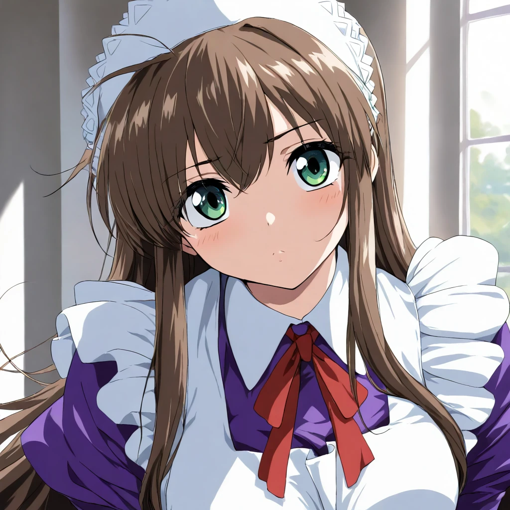 masterpiece,high score,great score,absurdres,looking at viewer,solo,<lora:CharlotteVerlaine ag4o:1> charlotteverlaine, brown hair, long hair, green eyes,maid headdress,maid,apron,