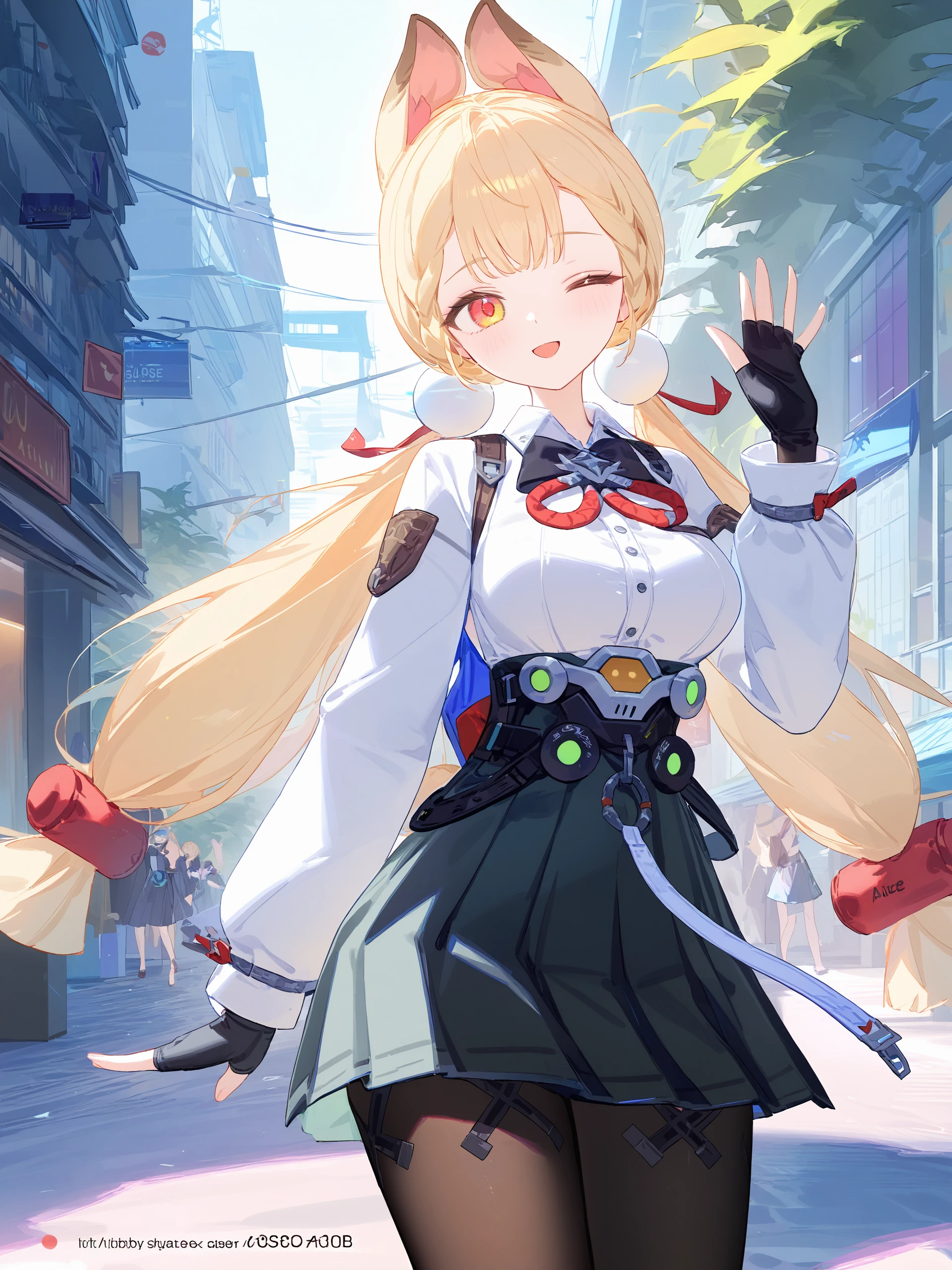 1girl, alice thymefield, heterochromia, solo, braided bangs, twintails, hair bobbles, white collared shirt, ribbon-trimmed sleeves, two-tone bowtie, chest harness, fingerless gloves, utility belt, high-waist pleated skirt, print pantyhose, cowboy shot, standing, contrapposto, smiling, open mouth, one eye closed, looking at viewer, waving, floating hair, outdoors, street illustration, incredibly absurdres, ultra detailed, masterpiece, best quality, perfect features, intricate details, ray tracing, very aesthetic,  shuri \(84k\), ATDAN, artist:chen bin, (ningen mame:0.95), (wlop:0.91), (sarcophage:1.05), (tsubasa tsubasa:1.05), modare, hiten \(hitenkei\),  <lora:Char-ZZZ-Alice-V1-XL:1:hr=0.6>,