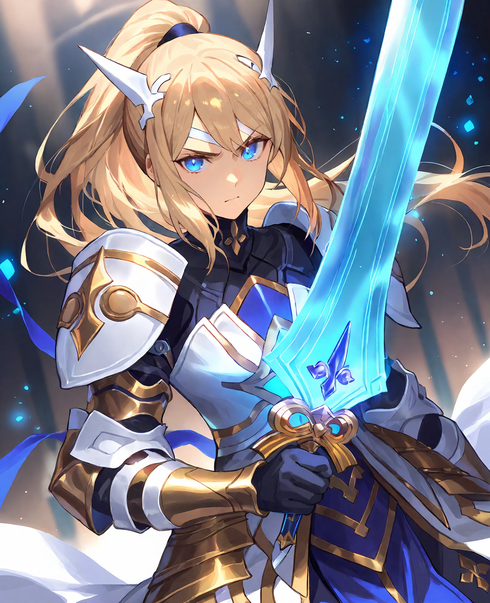 zPDXL3,score_9,score_8_up,score_7_up,source_anime,rating_safe BREAK masterpiece,highres,best quality,high quality,dramatic angle,cinematic lighting,1girl,<lora:ShadowverseHolySaber_Noob05_V1:1>,blonde hair,blue eyes,ponytail,holding sword,serious,headgear,hair ornament,white armor,blue and white dress,ribbon,gold trim,glowing particles,glowing weapon,depth of field,floating object,(artoria pendragon \(fate\):0.22),dynamic angle,