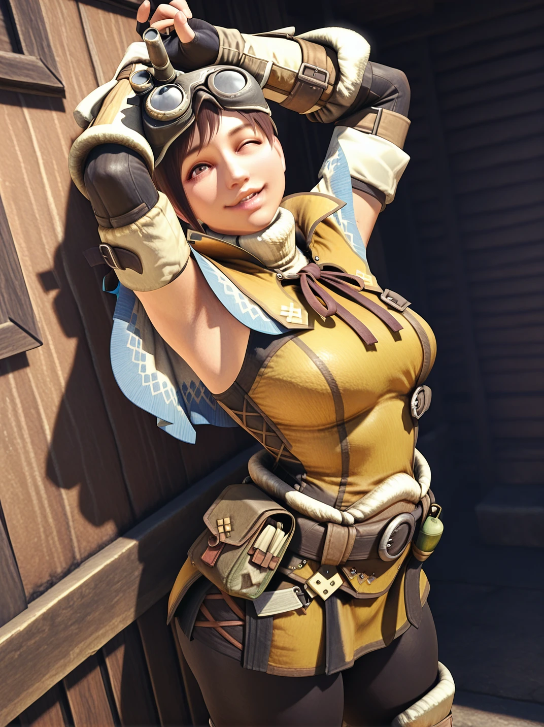 (official style, highres:1.2), realistic, screencap,
1girl, (TheHandlerXL:1), (goggles on head, short hair, brown hair, turtleneck, yellow tunic, capelet, fingerless gloves, brown eyes, arm guards, black pants, belt, belt pouch, :1.2),, narrow waist, wide hips, large breasts, thick thighs,
light smile, dutch angle, dynamic angle, naughty pose, looking at viewer, outdoors, arms up, armpits, sexy pose, solo, dynamic pose, cowboy shot, head tilt, parted lips, one eye closed, naughty face, from above, against wall, indoors, from side,
 <lora:ATheHandler_character:1>