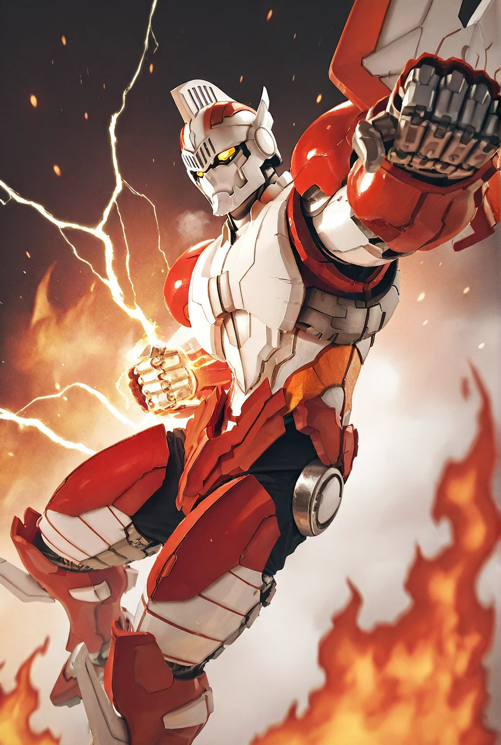 very awe,aesthetically pleasing,masterpiece,best quality,amazing quality,very aesthetic,ultra-detailed,high resolution,8k,1boy,solo,male focus,detailed face,mecha,robot,science fiction,yellow eyes,super robot, dynamic pose, perspective, steam, depth of field,fire,electricity,<lora:add-detail-xl:1>,<lora:Jean-Bot:0.7>,jeanb0t,<lora:jiaocha_illustriousXL:0.5>,