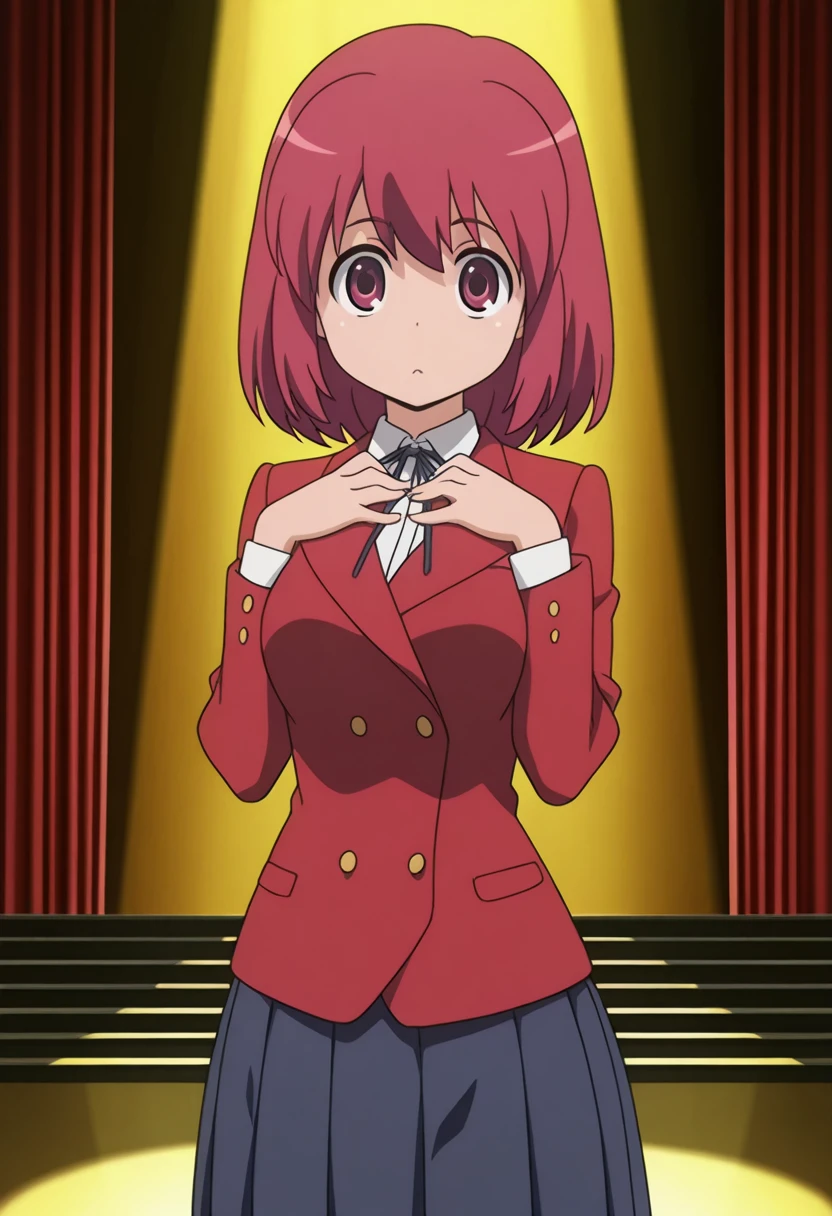 masterpiece, best quality, amazing quality,, <lora:minori-kushieda-s1-illustriousxl-lora-nochekaiser:1>, minori kushieda, short hair, red eyes, red hair, mature female, medium breasts, anime screencap, jacket, red jacket, long sleeves, shirt, white shirt, collared shirt, ribbon, skirt, pleated skirt,, hands on own chest,, stage, curtains, spotlight, audience, microphone, cowboy shot, solo, looking at viewer,