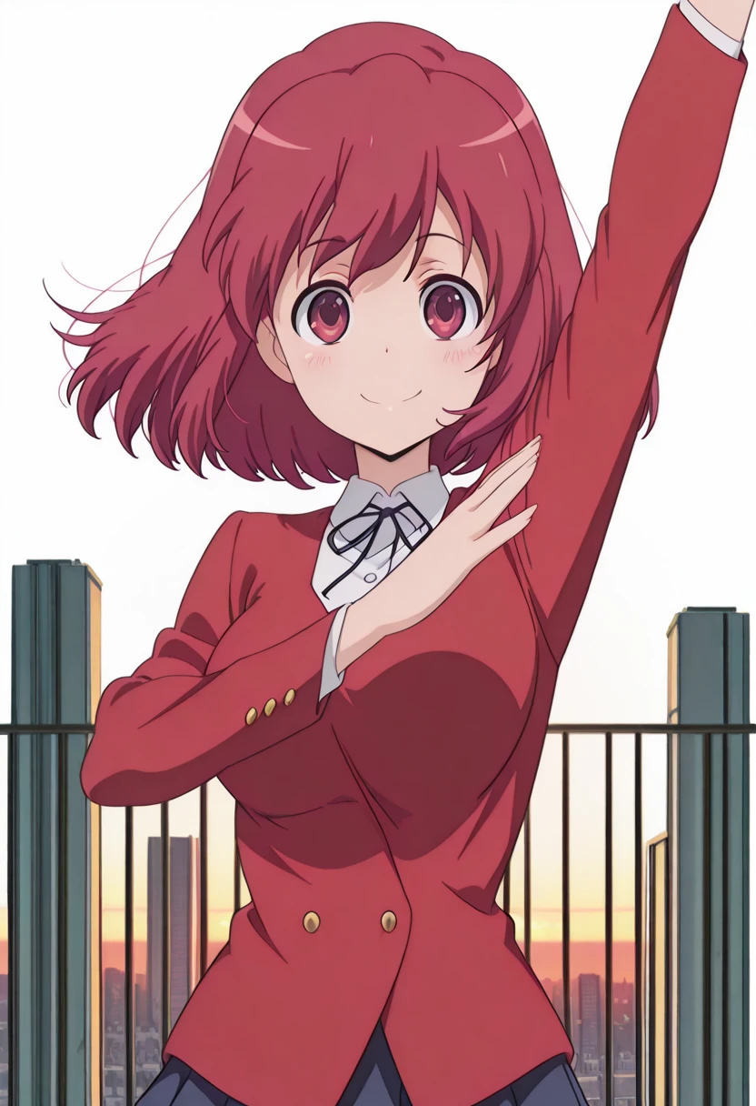 masterpiece, best quality, amazing quality,, <lora:minori-kushieda-s1-illustriousxl-lora-nochekaiser:1>, minori kushieda, short hair, red eyes, red hair, mature female, medium breasts, anime screencap, jacket, red jacket, long sleeves, shirt, white shirt, collared shirt, ribbon, skirt, pleated skirt,, <lora:sailorvenus-pose-illustriousxl-lora-nochekaiser:1>, sailorvenus pose, solo, looking at viewer, blush, smile, straight-on, upper body, arm up, hand up,, rooftop, sunset, cityscape, quiet moment, wind blowing, contemplative, cowboy shot, solo, looking at viewer, <lora:transparent-background-illustriousxl-lora-nochekaiser:1>, transparent background, simple background, white background
