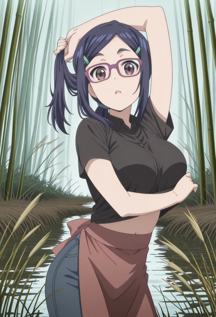 masterpiece, best quality, amazing quality,, <lora:ami-asai-s2-illustriousxl-lora-nochekaiser:1>, ami asai, long hair, hair ornament, brown eyes, blue hair, glasses, hairclip, ponytail, mature female, large breasts, anime screencap, shirt, black shirt, collared shirt, short sleeves, apron, pants, denim,, <lora:senjougaharahitagi-arm-up-pose-illustriousxl-lora-nochekaiser:1>, senjougaharahitagi arm up pose, solo, looking at viewer, open mouth, cowboy shot, parted lips, arm up, shirt lift, holding hair,, wetland, water, reeds, swamp, wildlife, cowboy shot, solo, looking at viewer,